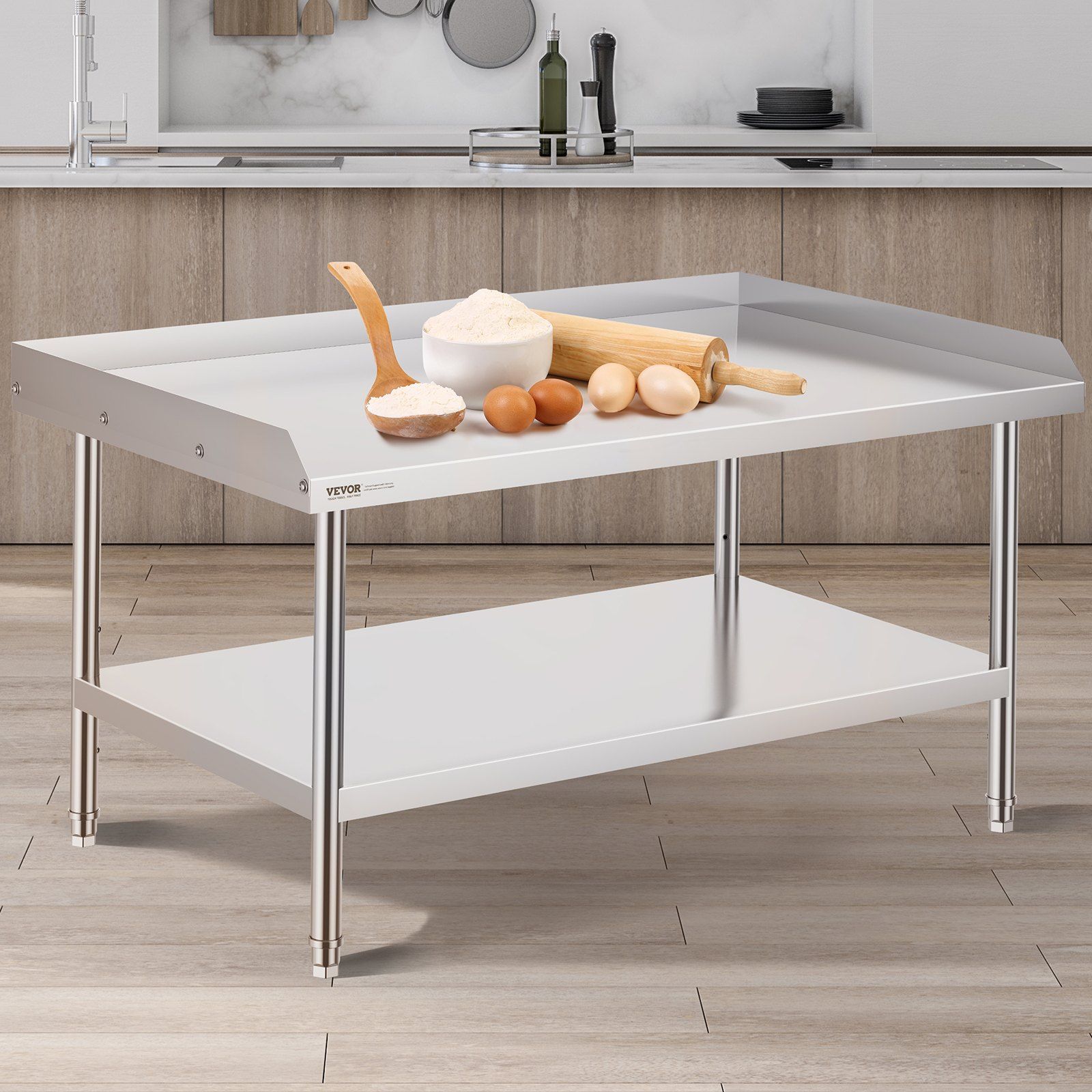Stainless Steel Work Table, 762 x 1219 x 660 mm Commercial Food Prep Worktable, 3-Sided Backsplash Heavy Duty Prep Worktable, Metal Work Table with Adjustable Height for Restaurant Home Hotel - Image 8