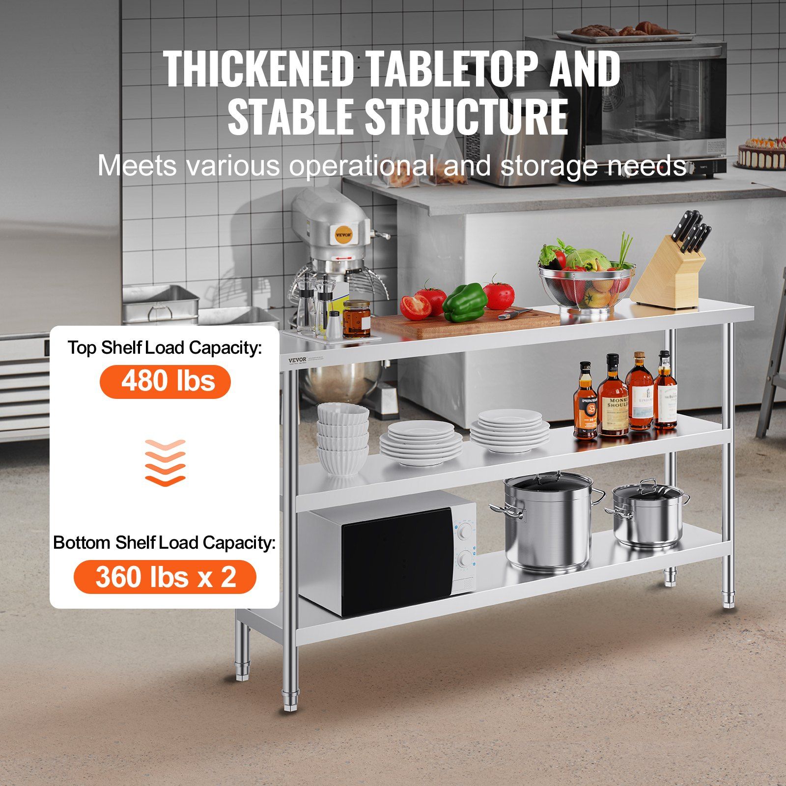 Stainless Steel Food Prep Table, 356 x 1524 x 864 mm Commercial Kitchen Worktable, with 2 Adjustable Undershelf, Heavy Duty Prep Table Metal Work Table for BBQ, Kitchen, Home, and Garage - Image 3
