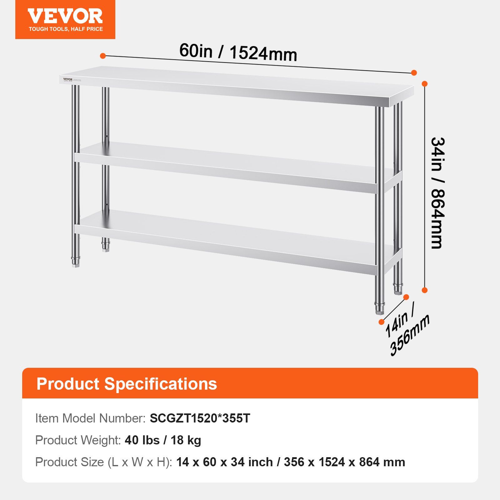 Stainless Steel Food Prep Table, 356 x 1524 x 864 mm Commercial Kitchen Worktable, with 2 Adjustable Undershelf, Heavy Duty Prep Table Metal Work Table for BBQ, Kitchen, Home, and Garage - Image 7