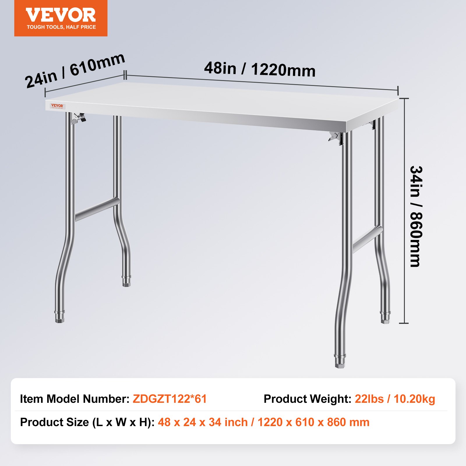Stainless Steel Kitchen Bench Folding Commercial Prep Table 1220x610 mm - Image 7