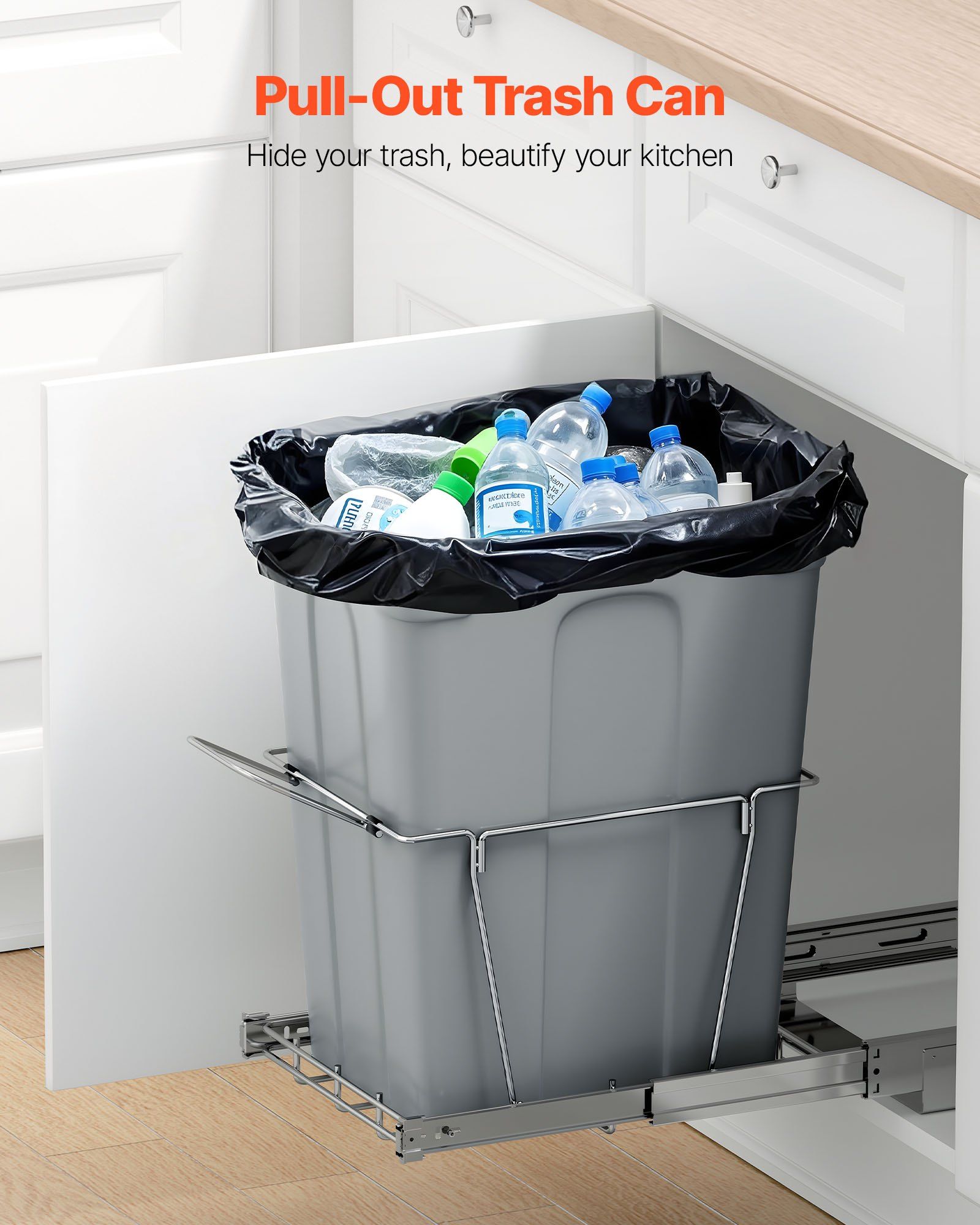 Pullout Trash Can for Kitchen Cabinets, Garbage Waste Recycling Bin, Under Mount Waste Container, with Heavy Duty Metal Full Extension Sliding System and Handle, for Sink, Under Counter - Image 2