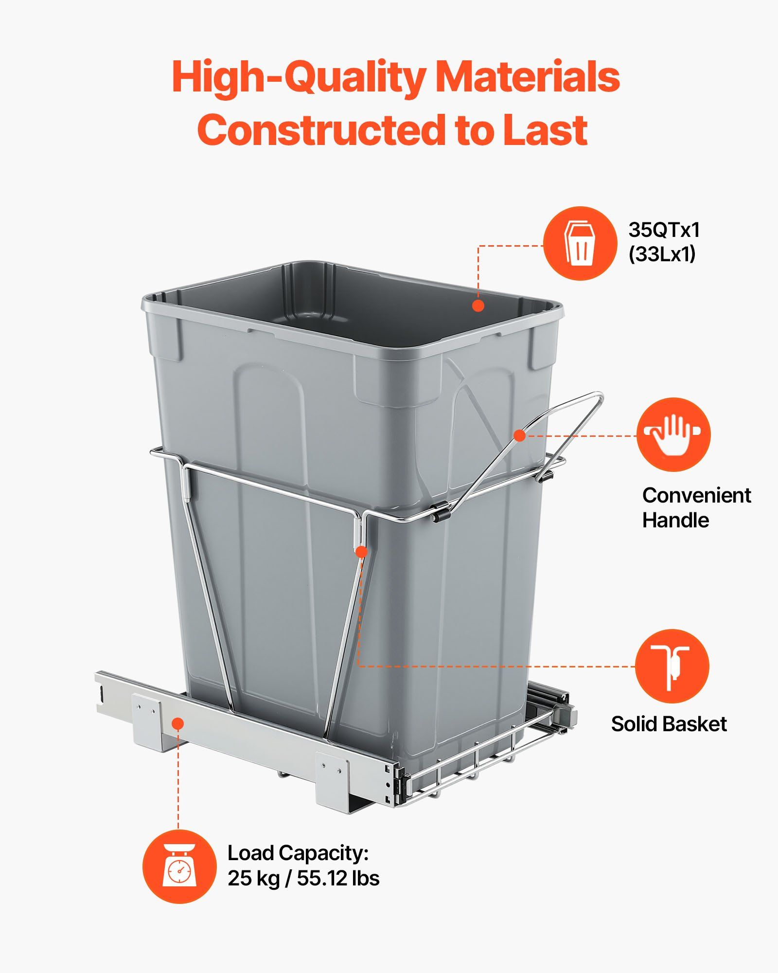 Pullout Trash Can for Kitchen Cabinets, Garbage Waste Recycling Bin, Under Mount Waste Container, with Heavy Duty Metal Full Extension Sliding System and Handle, for Sink, Under Counter - Image 3