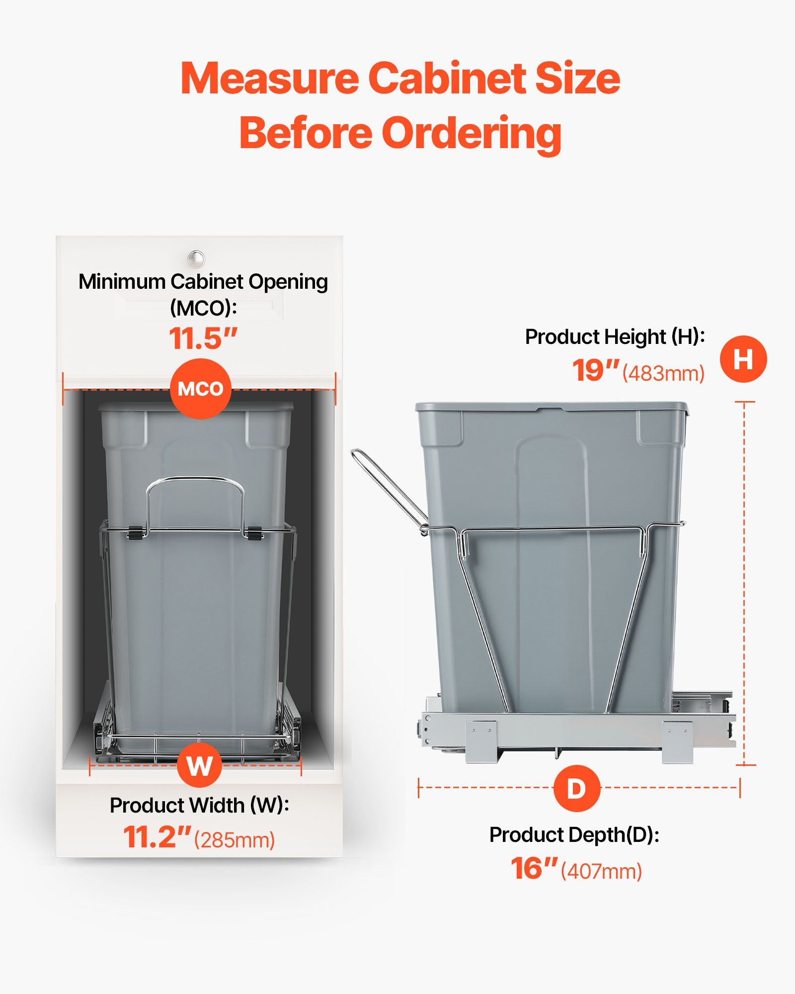 Pullout Trash Can for Kitchen Cabinets, Garbage Waste Recycling Bin, Under Mount Waste Container, with Heavy Duty Metal Full Extension Sliding System and Handle, for Sink, Under Counter - Image 4