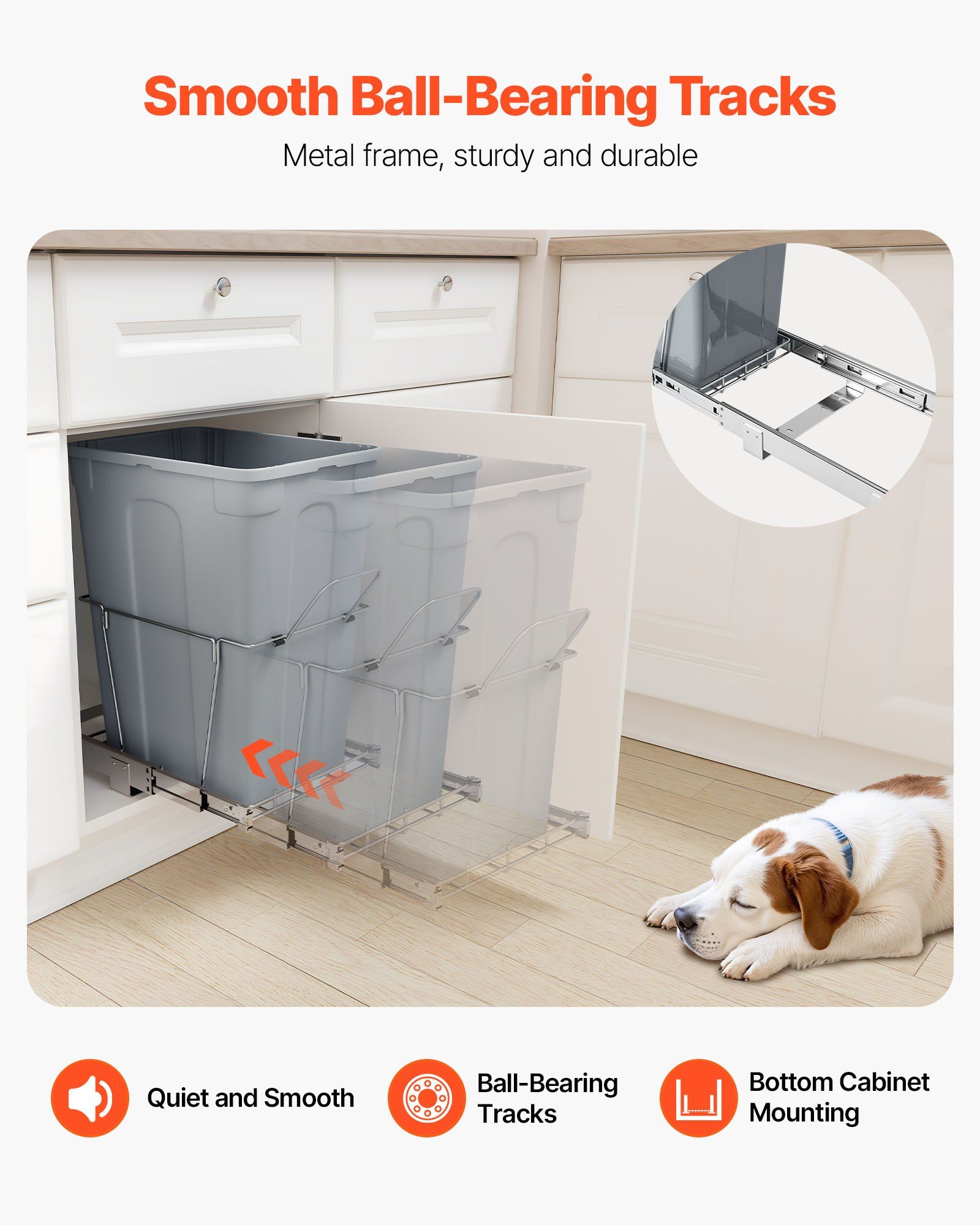 Pullout Trash Can for Kitchen Cabinets, Garbage Waste Recycling Bin, Under Mount Waste Container, with Heavy Duty Metal Full Extension Sliding System and Handle, for Sink, Under Counter - Image 6