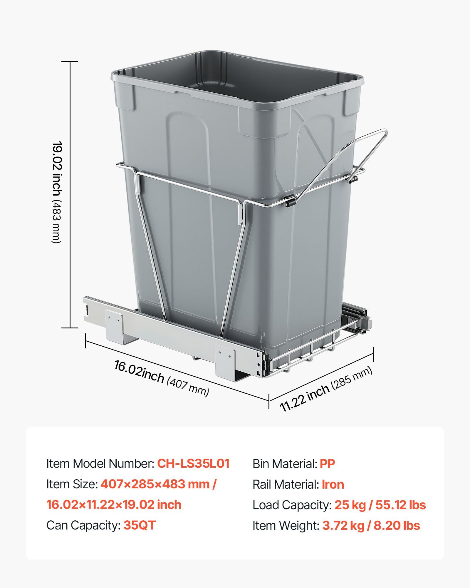 Pullout Trash Can for Kitchen Cabinets, Garbage Waste Recycling Bin, Under Mount Waste Container, with Heavy Duty Metal Full Extension Sliding System and Handle, for Sink, Under Counter - Image 7
