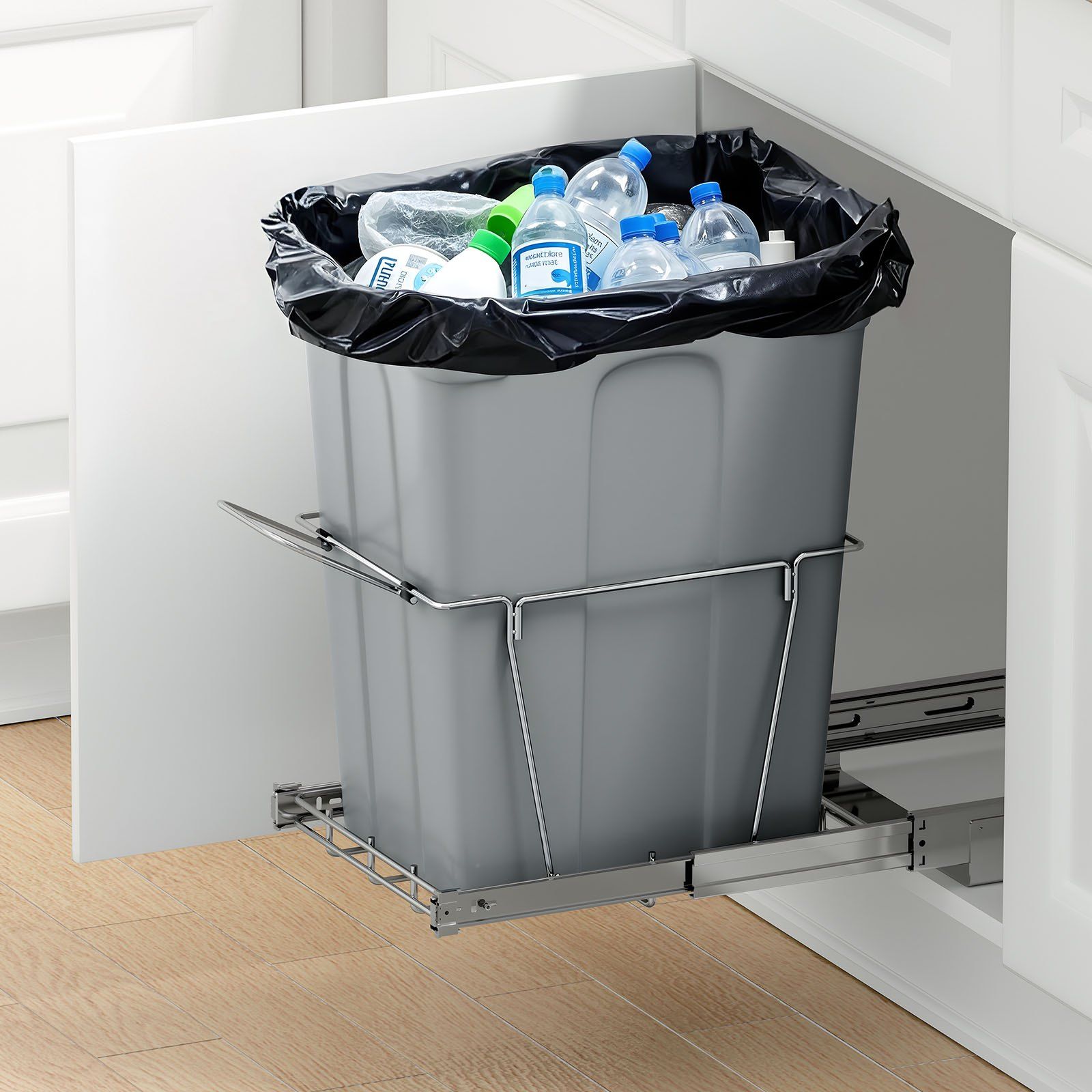 Pullout Trash Can for Kitchen Cabinets, Garbage Waste Recycling Bin, Under Mount Waste Container, with Heavy Duty Metal Full Extension Sliding System and Handle, for Sink, Under Counter - Image 8
