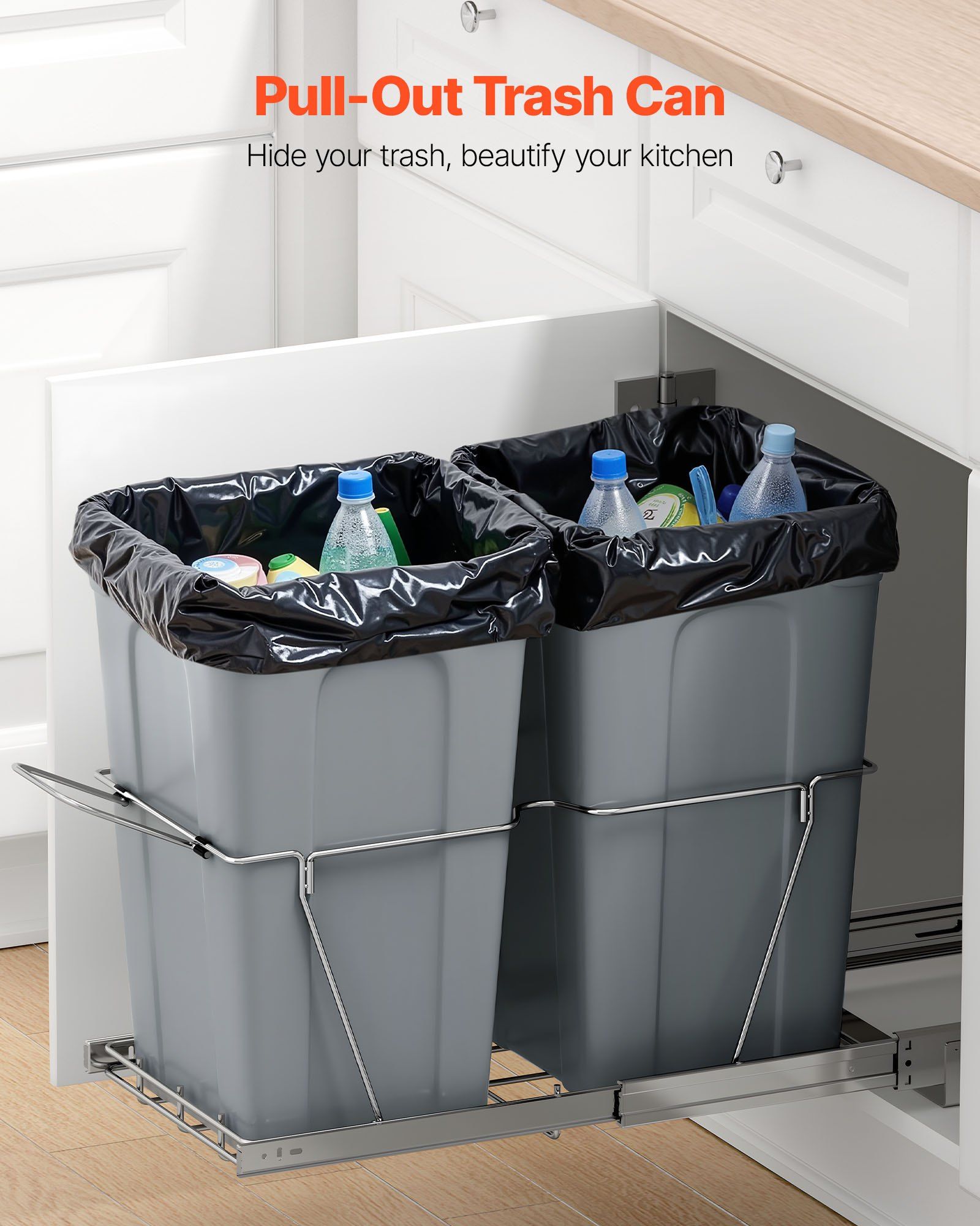 Pullout Trash Can for Kitchen Cabinets,Double Under Sink Garbage Waste Recycling Bin, Under Mount Waste Container, with Heavy Duty Metal Full Extension Sliding System and Handle - Image 2