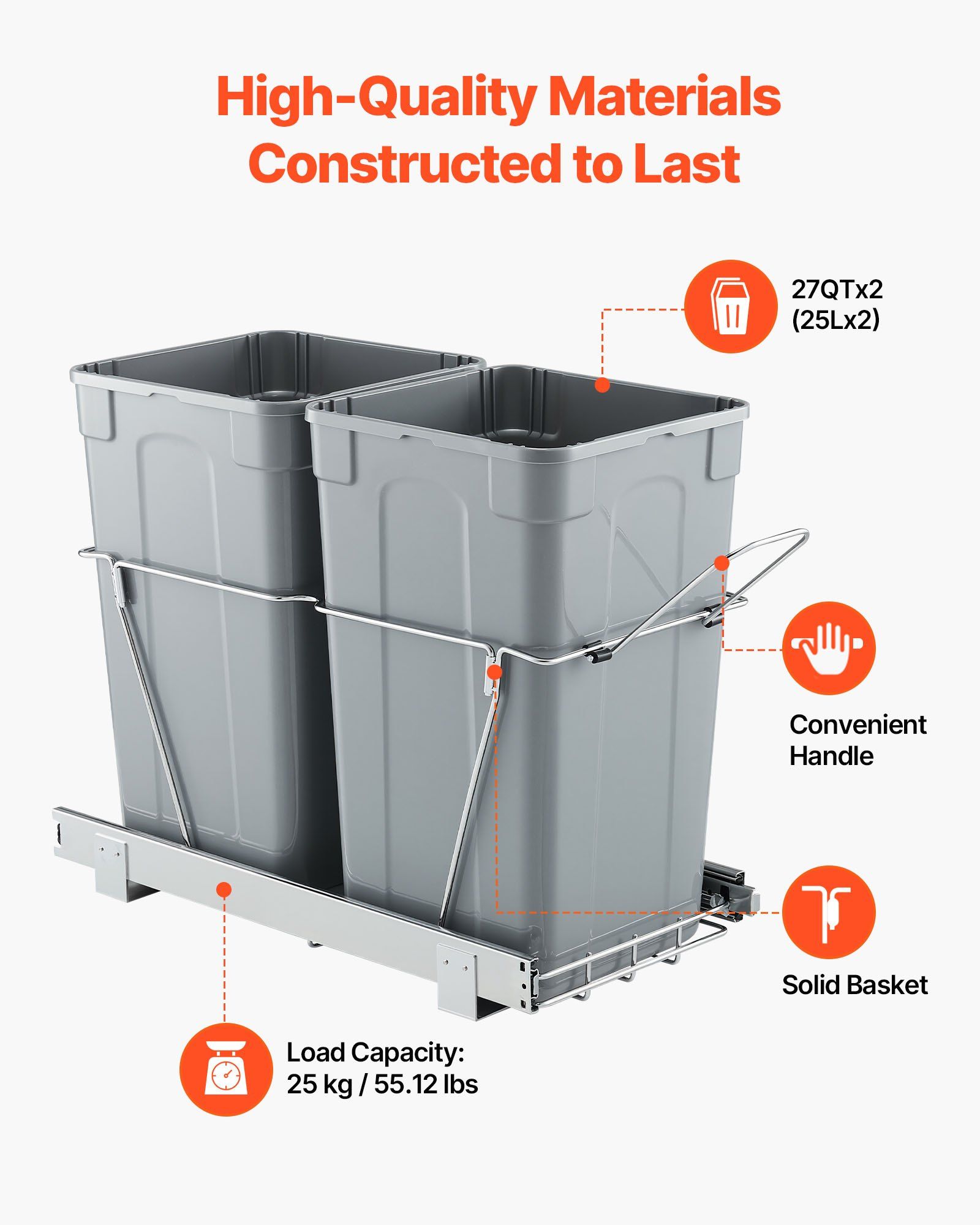 Pullout Trash Can for Kitchen Cabinets,Double Under Sink Garbage Waste Recycling Bin, Under Mount Waste Container, with Heavy Duty Metal Full Extension Sliding System and Handle - Image 3