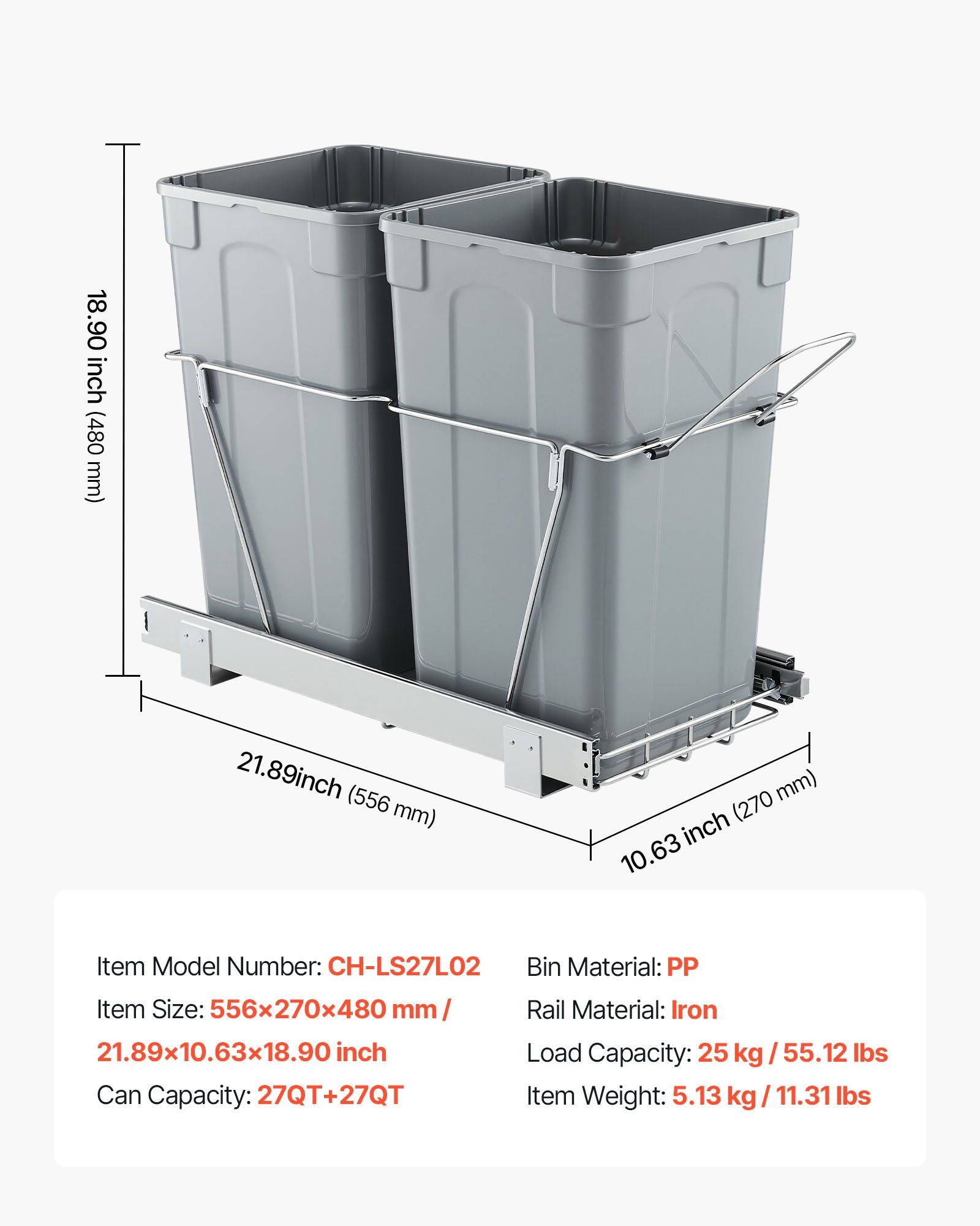 Pullout Trash Can for Kitchen Cabinets,Double Under Sink Garbage Waste Recycling Bin, Under Mount Waste Container, with Heavy Duty Metal Full Extension Sliding System and Handle - Image 7