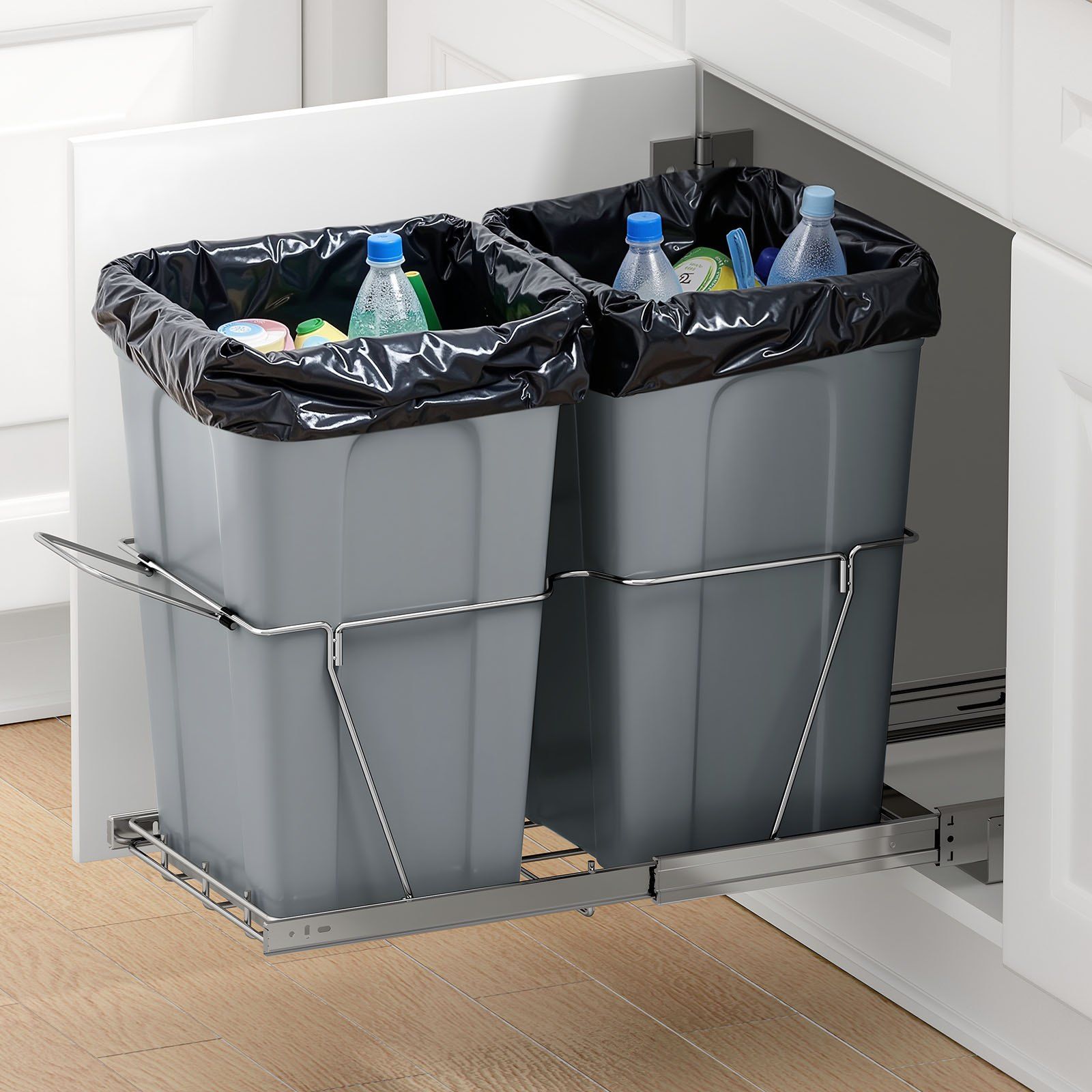 Pullout Trash Can for Kitchen Cabinets,Double Under Sink Garbage Waste Recycling Bin, Under Mount Waste Container, with Heavy Duty Metal Full Extension Sliding System and Handle - Image 8