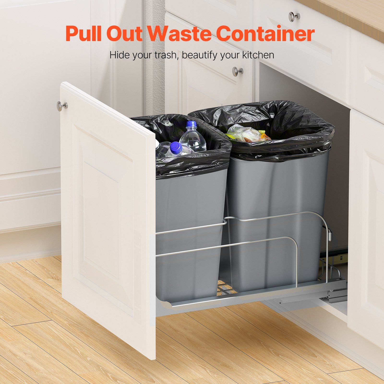 Pull-Out Trash Can, 27 QT x2 Double Under Mount Kitchen Waste Container, Heavy Duty Garbage Recycling Bin with Door Kit and Soft Close Slide, for Kitchen Cabinet, Sink, Under Counter (Grey) - Image 2