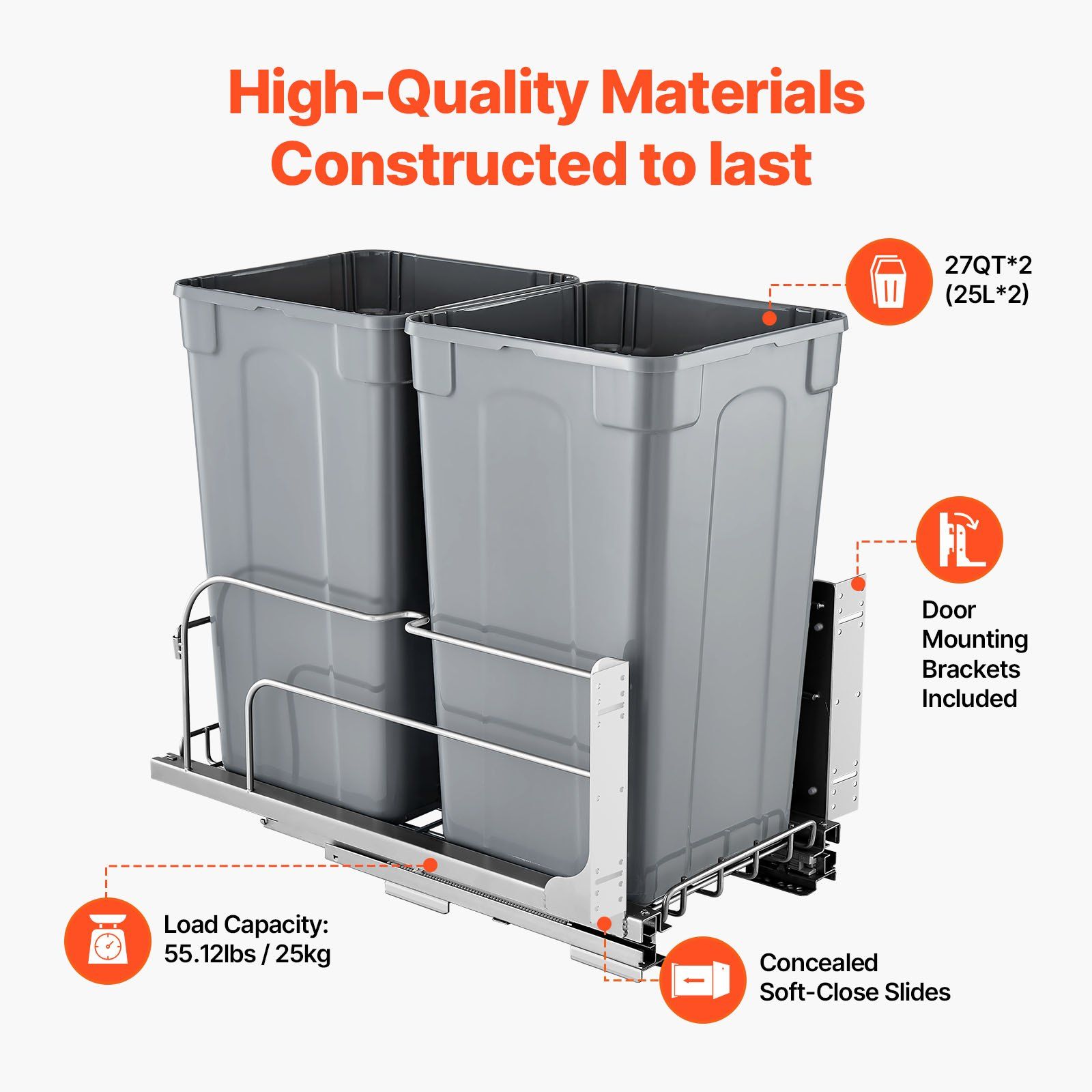 Pull-Out Trash Can, 27 QT x2 Double Under Mount Kitchen Waste Container, Heavy Duty Garbage Recycling Bin with Door Kit and Soft Close Slide, for Kitchen Cabinet, Sink, Under Counter (Grey) - Image 3