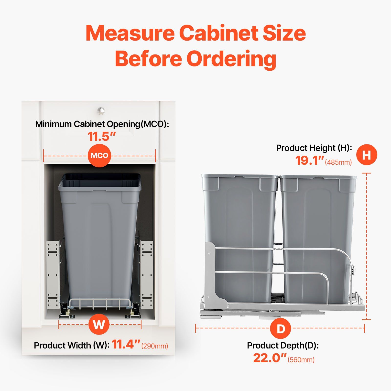 Pull-Out Trash Can, 27 QT x2 Double Under Mount Kitchen Waste Container, Heavy Duty Garbage Recycling Bin with Door Kit and Soft Close Slide, for Kitchen Cabinet, Sink, Under Counter (Grey) - Image 4