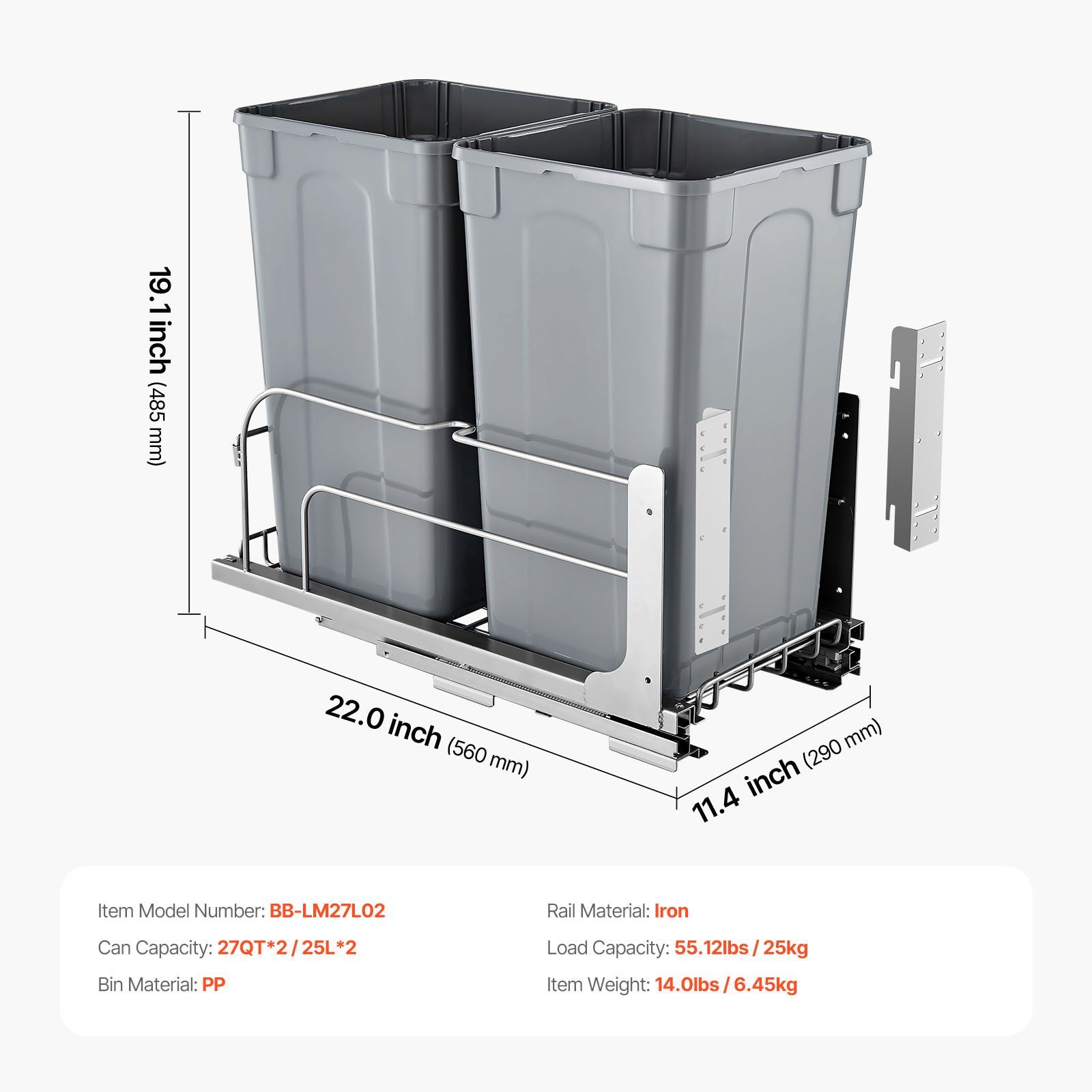 Pull-Out Trash Can, 27 QT x2 Double Under Mount Kitchen Waste Container, Heavy Duty Garbage Recycling Bin with Door Kit and Soft Close Slide, for Kitchen Cabinet, Sink, Under Counter (Grey) - Image 7