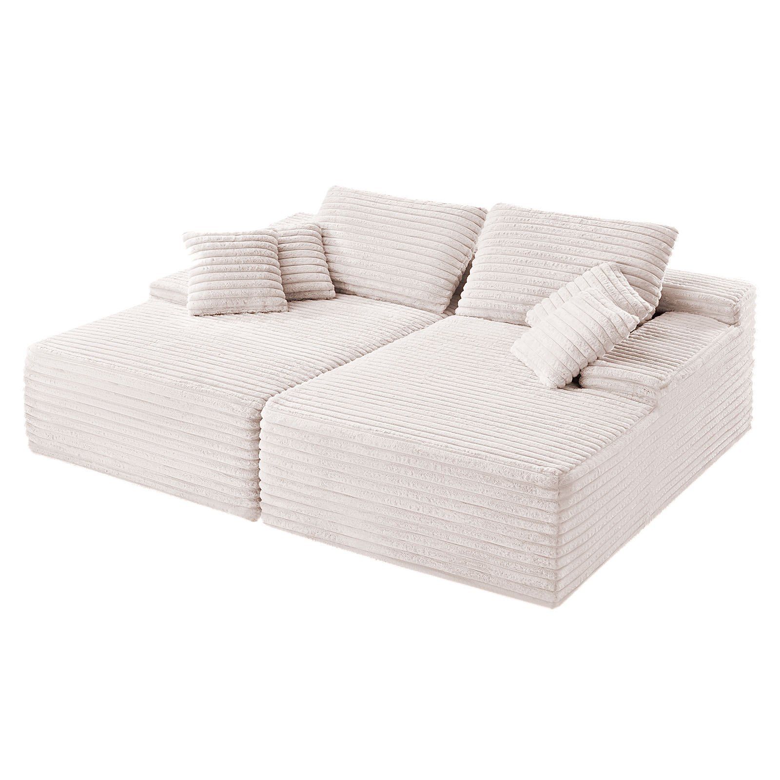 210 cm Oversized Double Chaise Lounge, Corduroy Fabric Sectional Sofa, Cozy Deep Seat Loveseat Sofa with Soft Cushions and Throw Pillows for Living Room Bedroom, No Assembly Required, Beige - Image 1