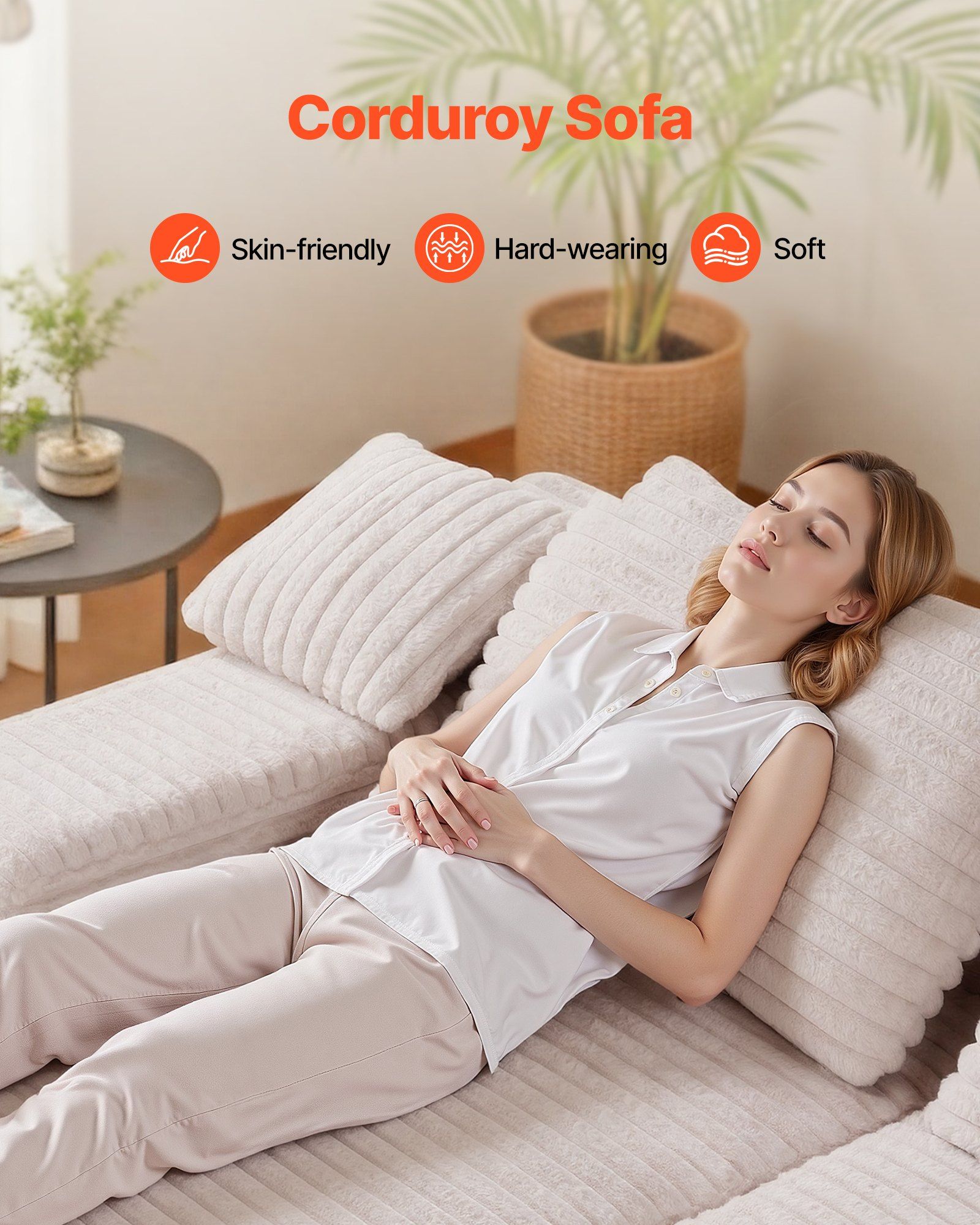 210 cm Oversized Double Chaise Lounge, Corduroy Fabric Sectional Sofa, Cozy Deep Seat Loveseat Sofa with Soft Cushions and Throw Pillows for Living Room Bedroom, No Assembly Required, Beige - Image 2