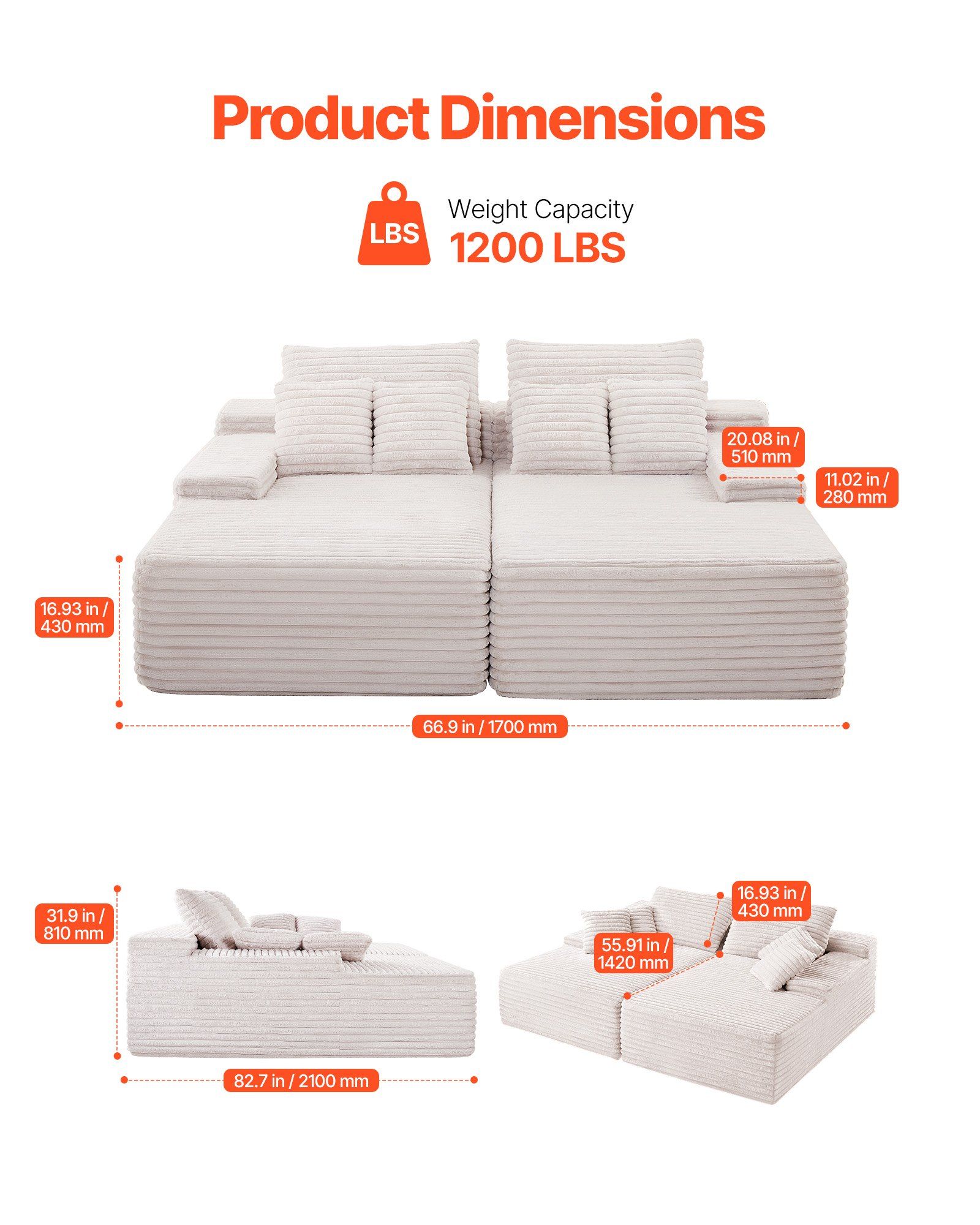 210 cm Oversized Double Chaise Lounge, Corduroy Fabric Sectional Sofa, Cozy Deep Seat Loveseat Sofa with Soft Cushions and Throw Pillows for Living Room Bedroom, No Assembly Required, Beige - Image 3