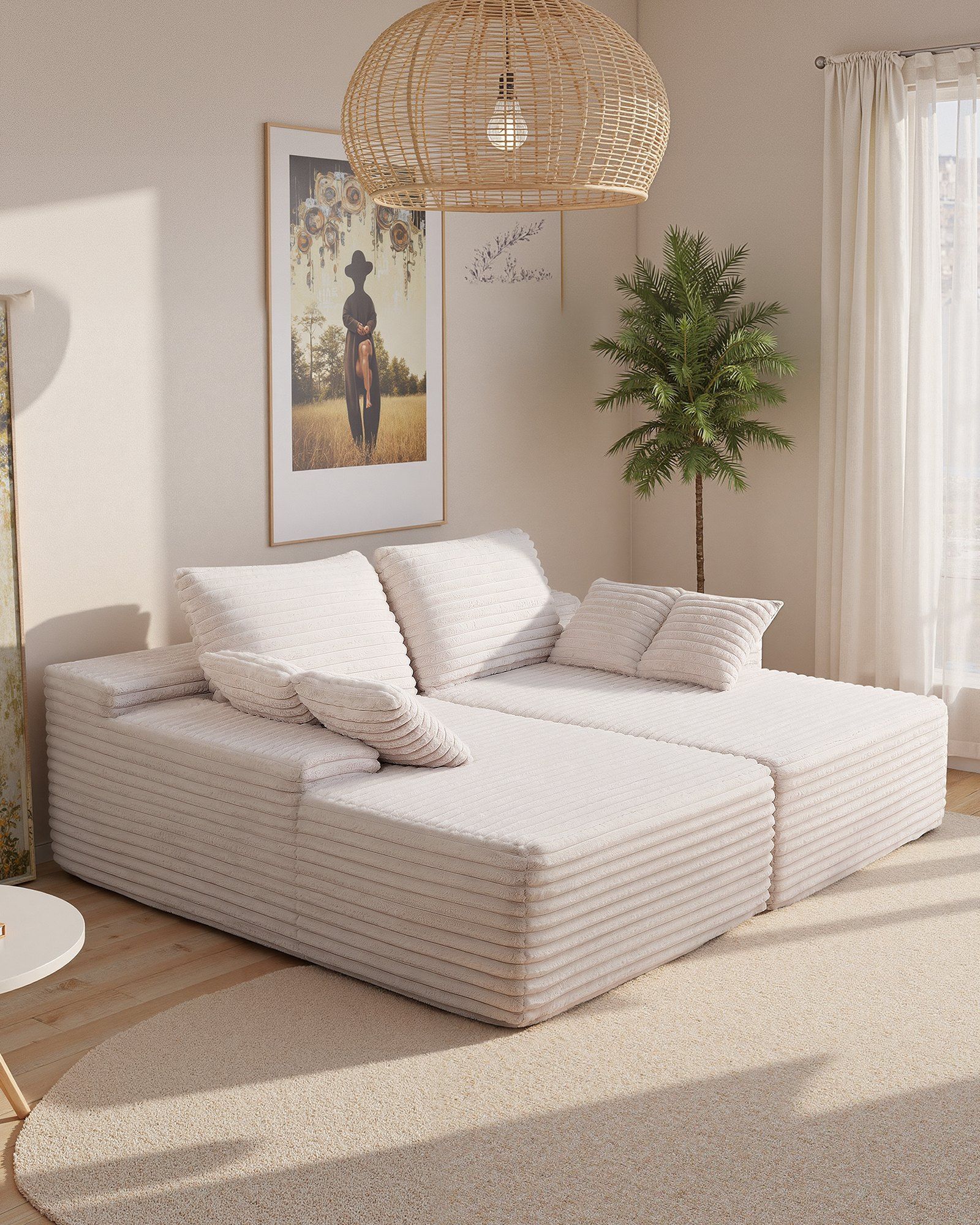 210 cm Oversized Double Chaise Lounge, Corduroy Fabric Sectional Sofa, Cozy Deep Seat Loveseat Sofa with Soft Cushions and Throw Pillows for Living Room Bedroom, No Assembly Required, Beige - Image 5