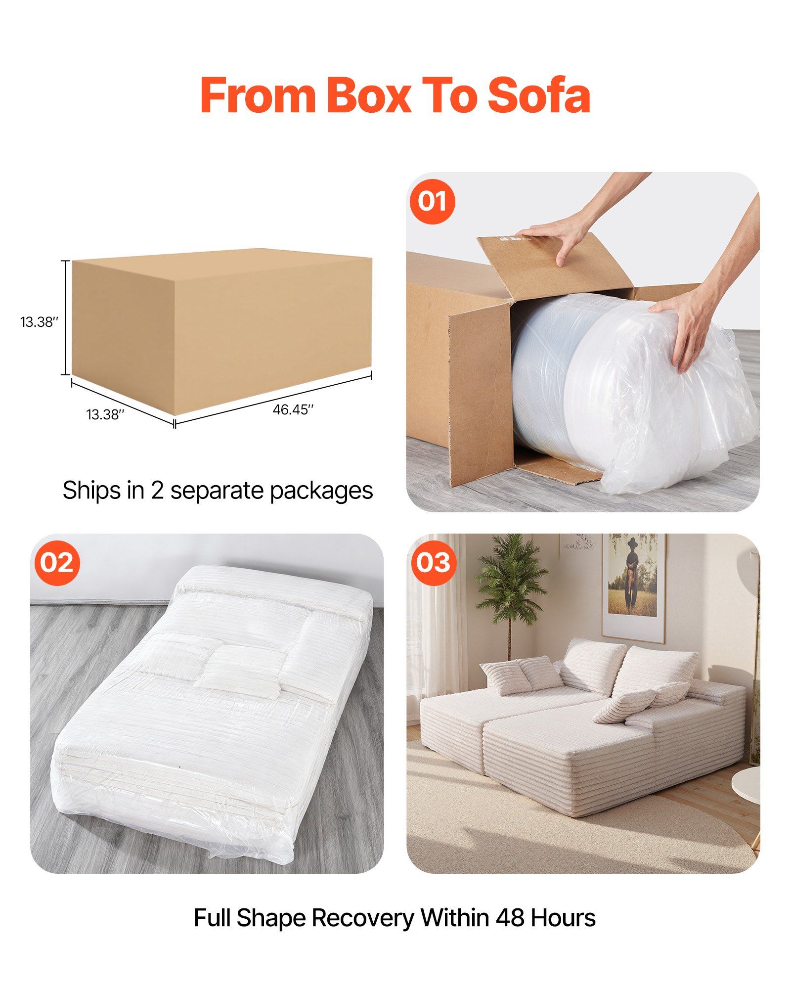 210 cm Oversized Double Chaise Lounge, Corduroy Fabric Sectional Sofa, Cozy Deep Seat Loveseat Sofa with Soft Cushions and Throw Pillows for Living Room Bedroom, No Assembly Required, Beige - Image 6