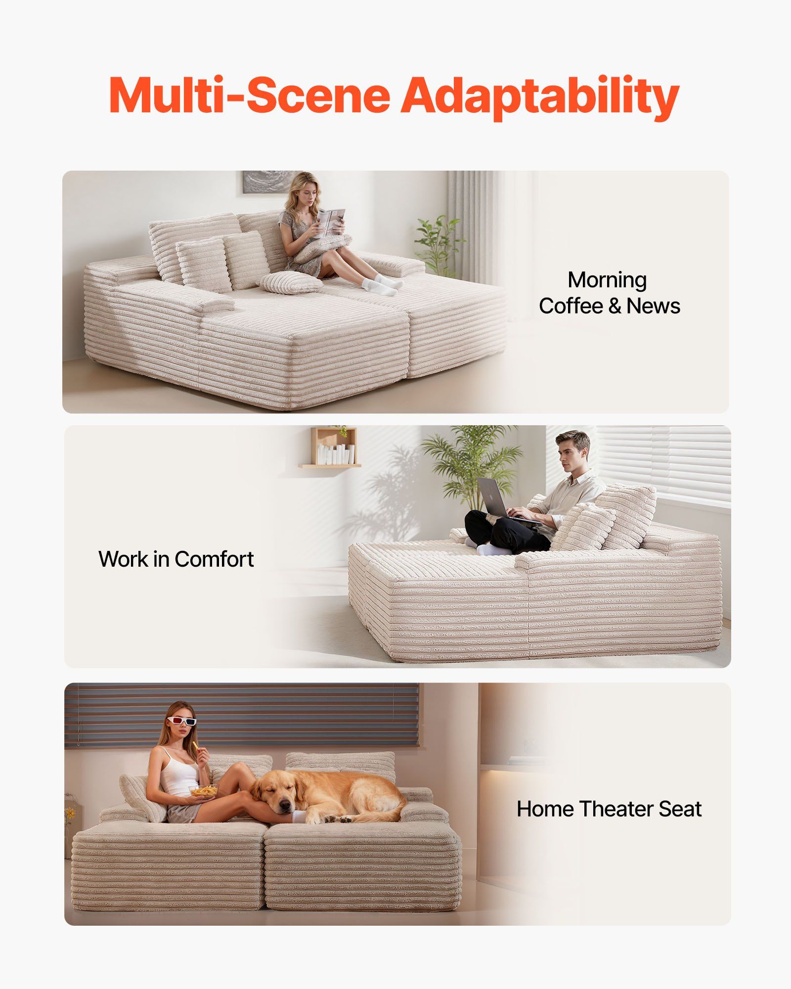 210 cm Oversized Double Chaise Lounge, Corduroy Fabric Sectional Sofa, Cozy Deep Seat Loveseat Sofa with Soft Cushions and Throw Pillows for Living Room Bedroom, No Assembly Required, Beige - Image 7
