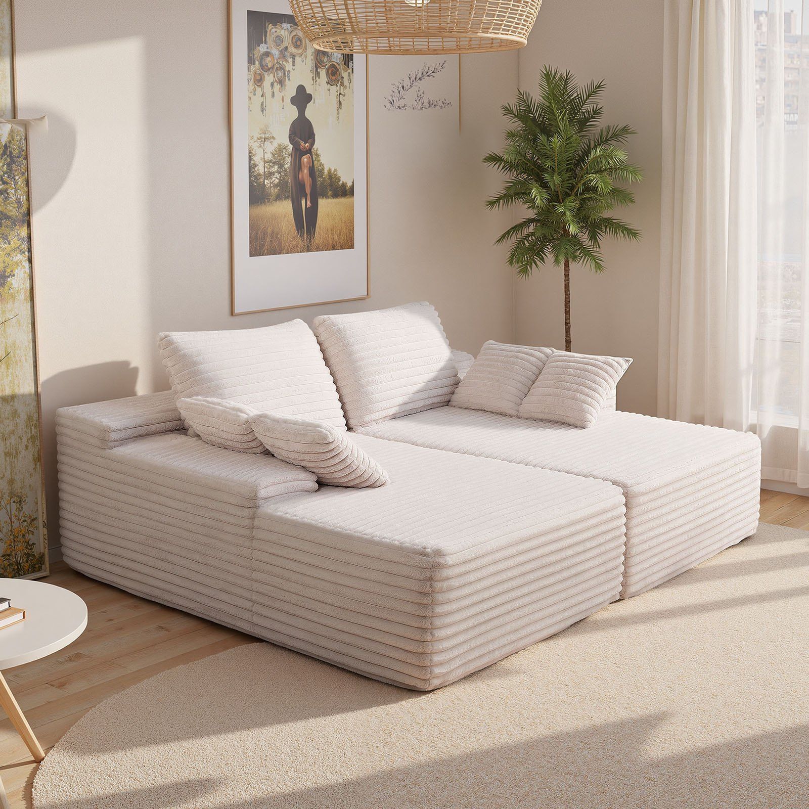 210 cm Oversized Double Chaise Lounge, Corduroy Fabric Sectional Sofa, Cozy Deep Seat Loveseat Sofa with Soft Cushions and Throw Pillows for Living Room Bedroom, No Assembly Required, Beige - Image 8