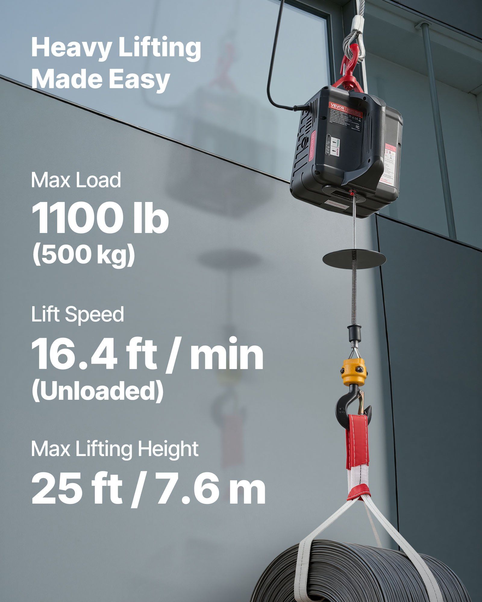 2-in-1 Electric Hoist Winch, 500 kg Capacity, 1500W Portable Power Winch Crane, 7.6 m Lifting Height, 5 m/min with Manual and Wireless Remote Control for Factory, Warehouss, Garage - Image 2