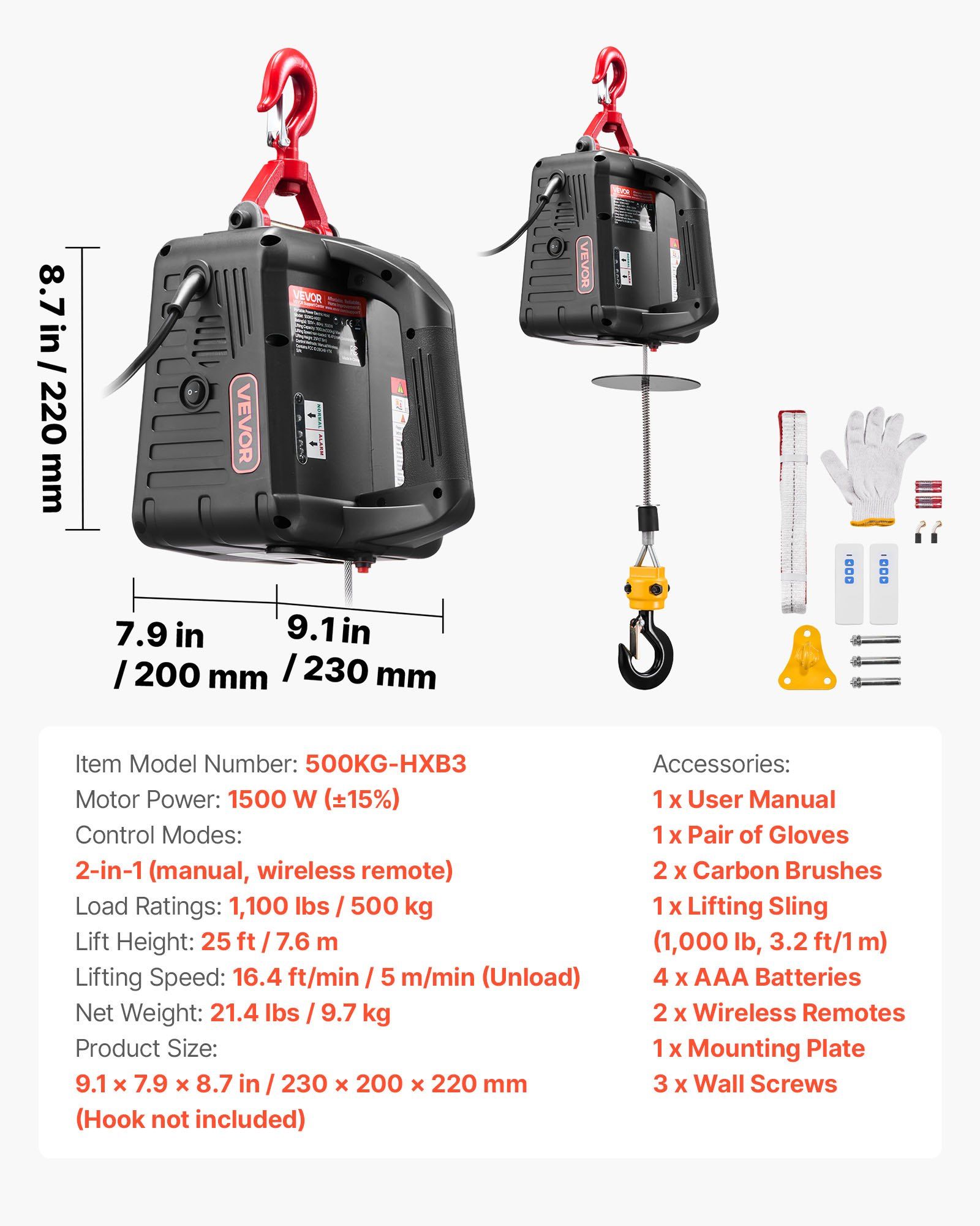 2-in-1 Electric Hoist Winch, 500 kg Capacity, 1500W Portable Power Winch Crane, 7.6 m Lifting Height, 5 m/min with Manual and Wireless Remote Control for Factory, Warehouss, Garage - Image 7