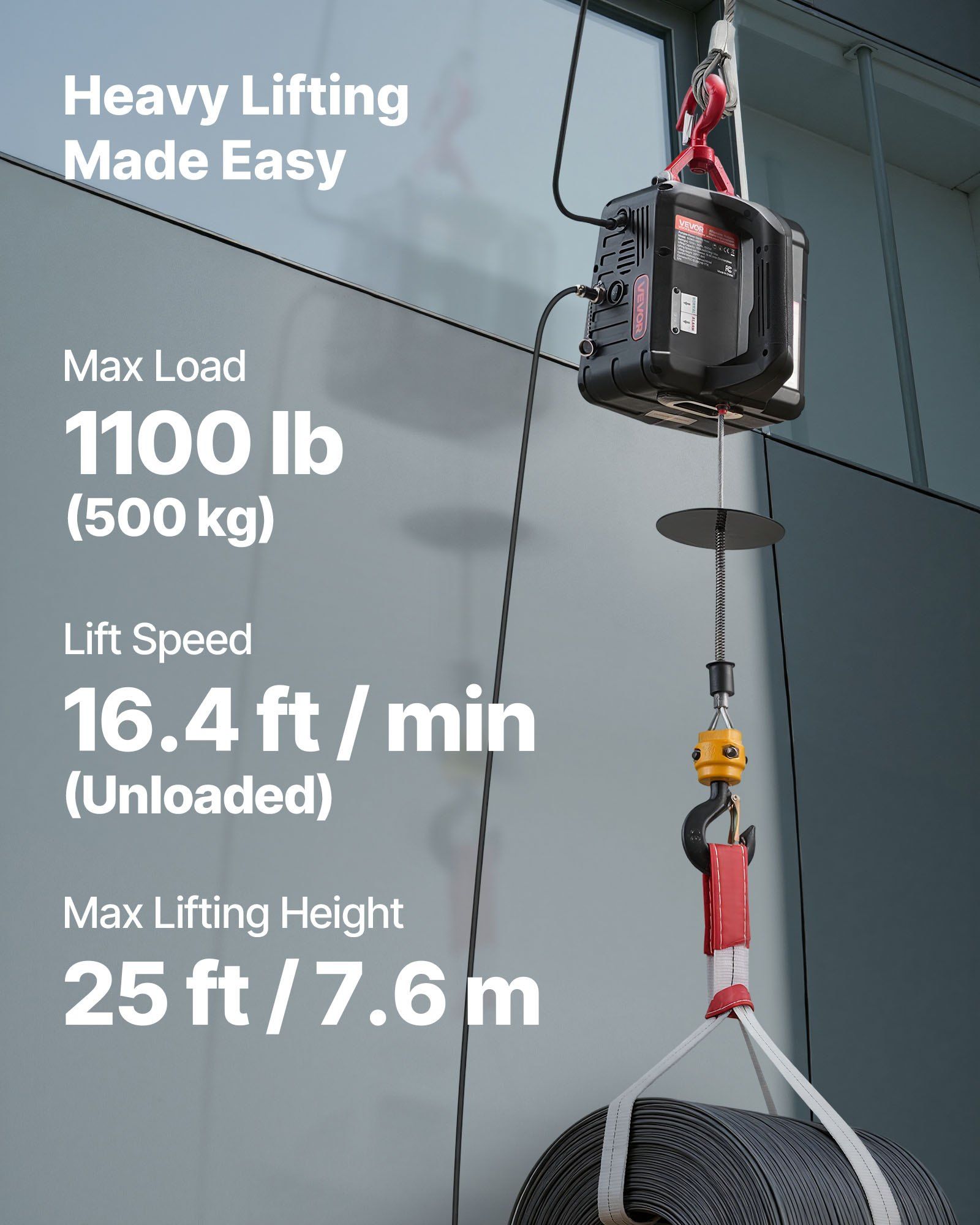 2-in-1 Electric Hoist Winch, 500 kg Capacity, 1500W Portable Power Winch Crane, 7.6 m Lifting Height, 5 m/min with Manual and Wired Remote Control for Factory, Warehouss, Garage - Image 2
