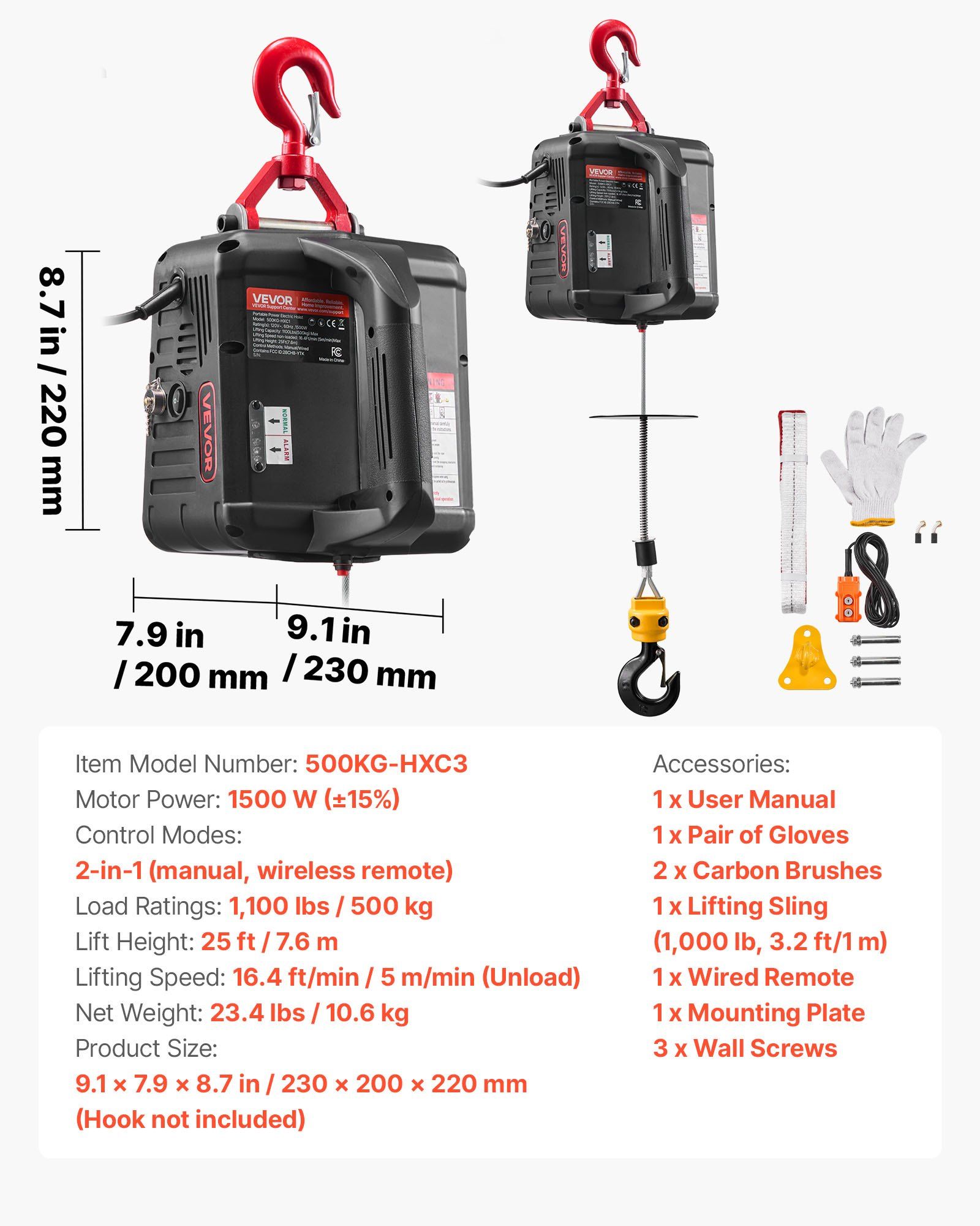 2-in-1 Electric Hoist Winch, 500 kg Capacity, 1500W Portable Power Winch Crane, 7.6 m Lifting Height, 5 m/min with Manual and Wired Remote Control for Factory, Warehouss, Garage - Image 7
