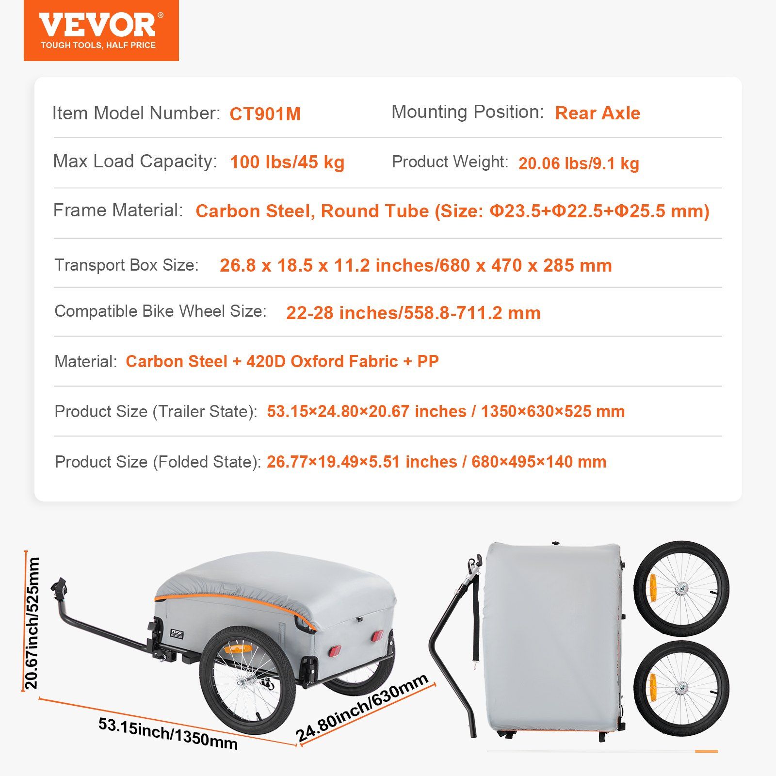 Bike Cargo Trailer, 88/100/160 lbs Load Capacity, Heavy-Duty Bicycle Wagon Cart, Foldable Compact Storage with Universal Hitch - Image 7