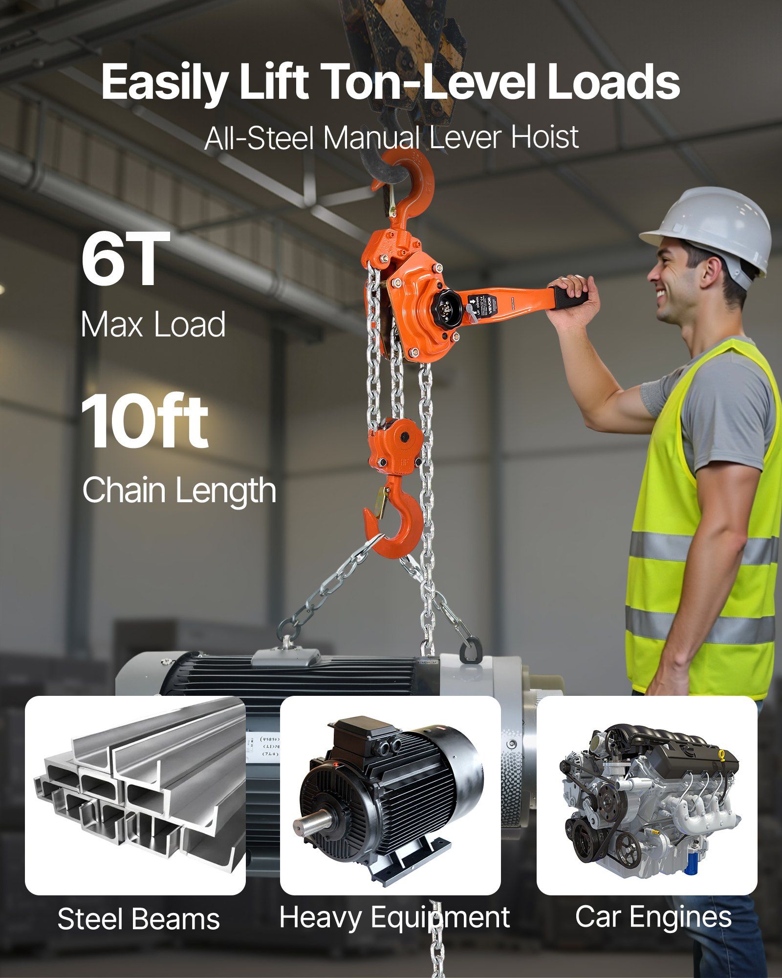 Manual Lever Chain Hoist, 6T 6000KG Capacity Heavy Duty Come Along, 3M Lift G80 Alloy Steel Chain With Dual Pawl Mechanical Brake, 360° Rotating Hooks, for Warehouse Construction Garage - Image 2