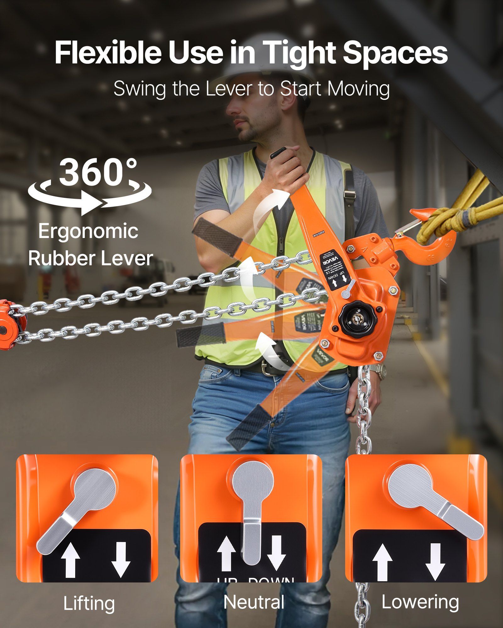 Manual Lever Chain Hoist, 6T 6000KG Capacity Heavy Duty Come Along, 3M Lift G80 Alloy Steel Chain With Dual Pawl Mechanical Brake, 360° Rotating Hooks, for Warehouse Construction Garage - Image 6