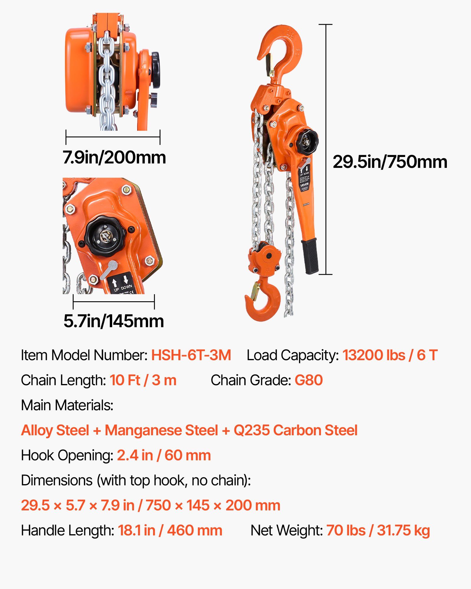 Manual Lever Chain Hoist, 6T 6000KG Capacity Heavy Duty Come Along, 3M Lift G80 Alloy Steel Chain With Dual Pawl Mechanical Brake, 360° Rotating Hooks, for Warehouse Construction Garage - Image 7