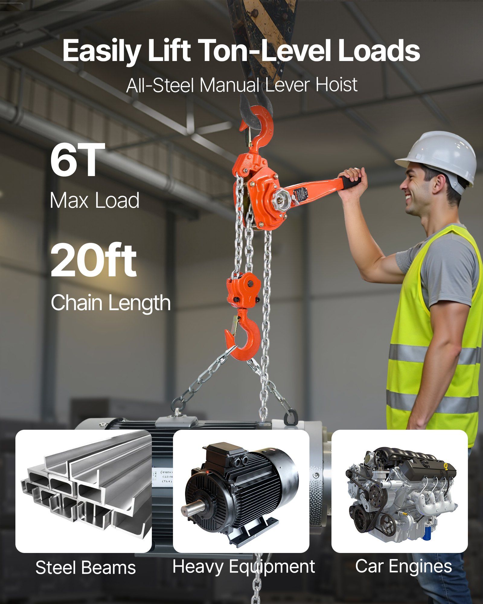 Manual Lever Chain Hoist, 6T 6000KG Capacity Heavy Duty Come Along, 6M Lift G80 Alloy Steel Chain With Dual Pawl Mechanical Brake, 360° Rotating Hooks, for Warehouse Construction Garage - Image 2
