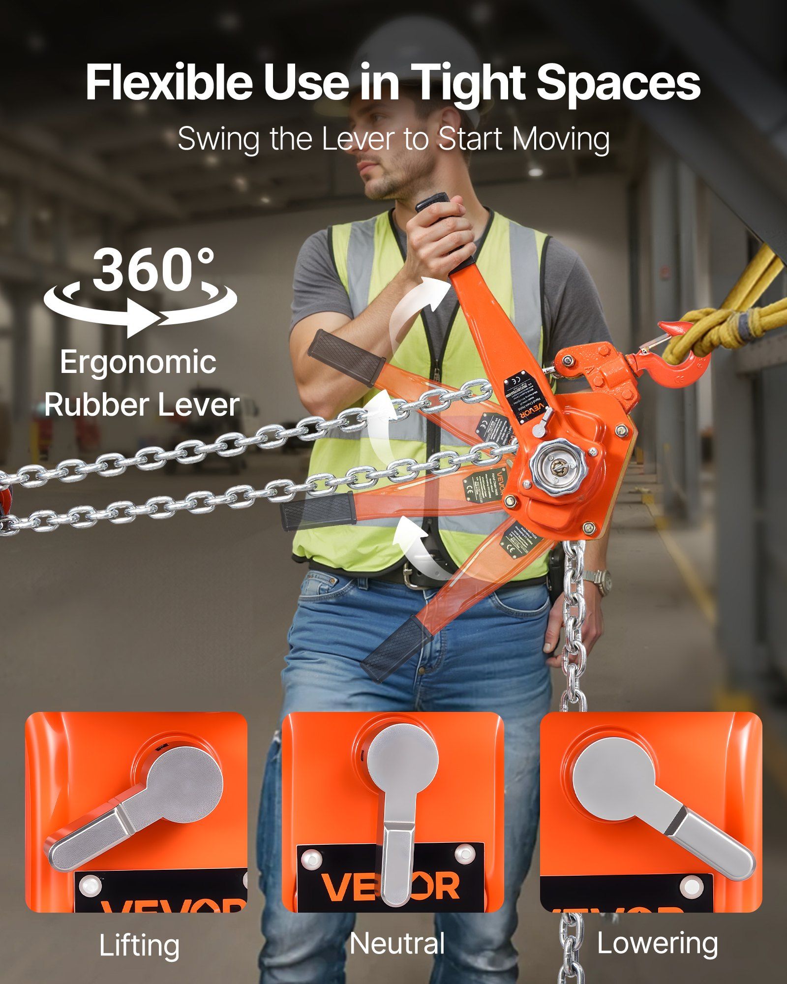 Manual Lever Chain Hoist, 6T 6000KG Capacity Heavy Duty Come Along, 6M Lift G80 Alloy Steel Chain With Dual Pawl Mechanical Brake, 360° Rotating Hooks, for Warehouse Construction Garage - Image 6