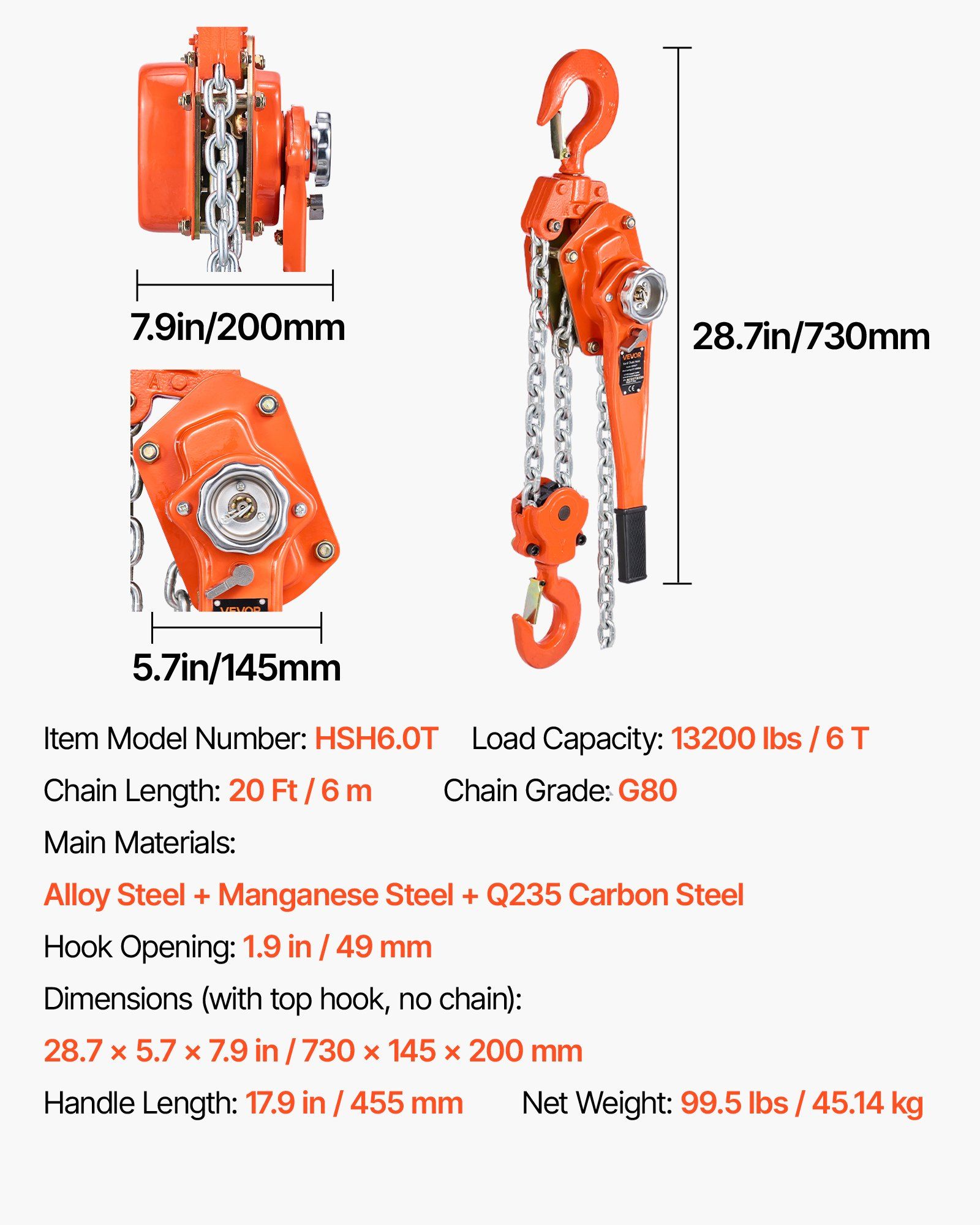 Manual Lever Chain Hoist, 6T 6000KG Capacity Heavy Duty Come Along, 6M Lift G80 Alloy Steel Chain With Dual Pawl Mechanical Brake, 360° Rotating Hooks, for Warehouse Construction Garage - Image 7