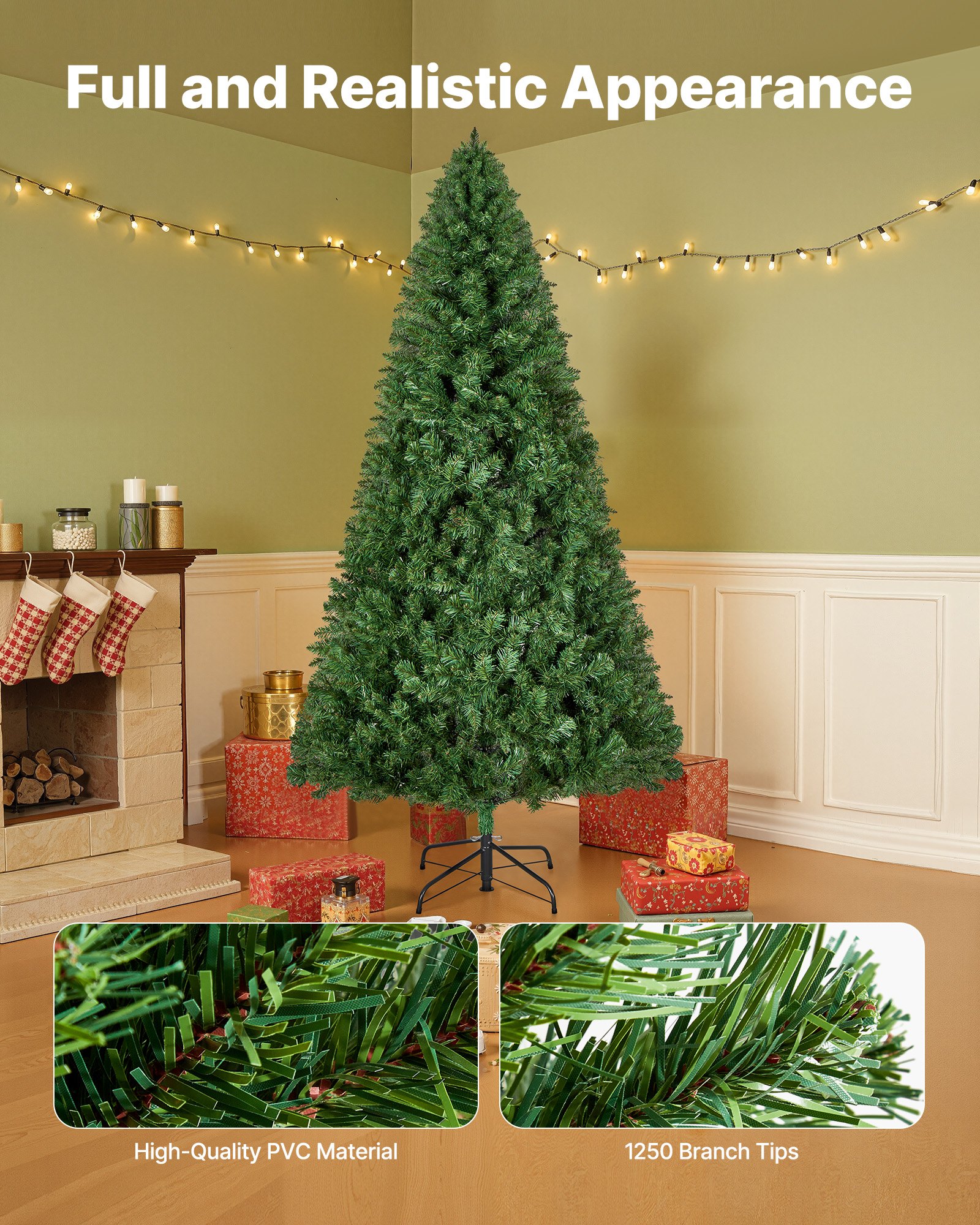 Christmas Tree, 1.8m Artificial Xmas Tree, Full Holiday Decor Trees with 1250 Branch Tips & Sturdy Metal Base for Home Party Office Decoration - Image 3