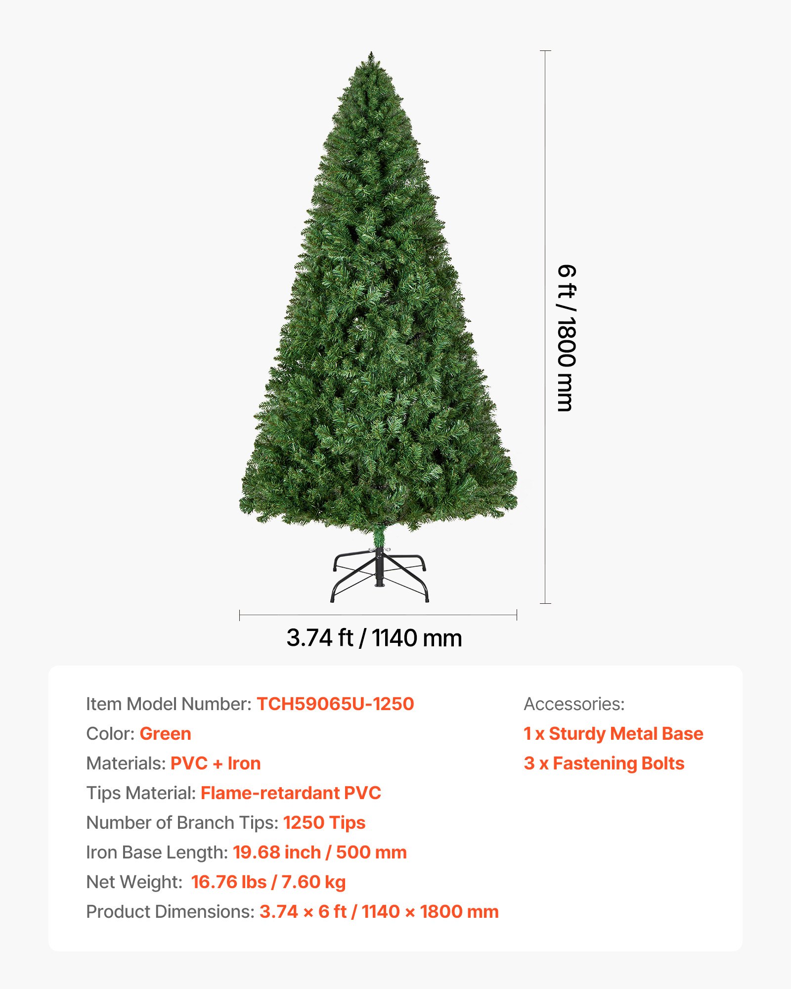 Christmas Tree, 1.8m Artificial Xmas Tree, Full Holiday Decor Trees with 1250 Branch Tips & Sturdy Metal Base for Home Party Office Decoration - Image 7