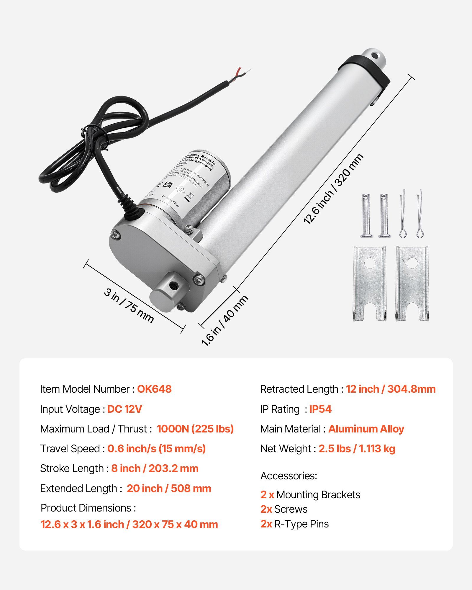 12V Linear Actuator, 203.2mm Stroke 15mm/s High-Speed 1000N Linear Motion Actuator - with IP54 Protection & Mounting Bracket for Lift Desk, Recliner Chairs, Window Door Opener - Image 7