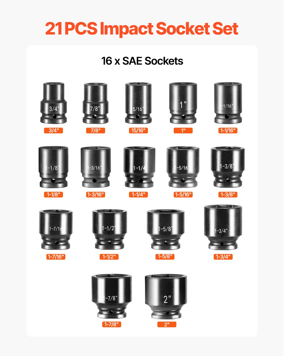 3/4 in Drive Impact Socket Set, 21 Pieces SAE 3/4 in to 2 in, 6 Point Cr-V Alloy Steel for Auto Repair, Easy-to-Read Size Markings, Includes Extension Bars, Ratchet Handle and Storage Case - Image 3