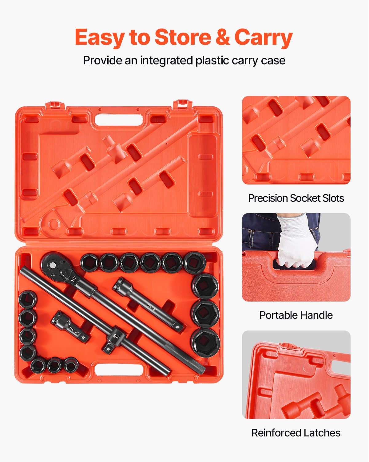 3/4 in Drive Impact Socket Set, 21 Pieces SAE 3/4 in to 2 in, 6 Point Cr-V Alloy Steel for Auto Repair, Easy-to-Read Size Markings, Includes Extension Bars, Ratchet Handle and Storage Case - Image 6