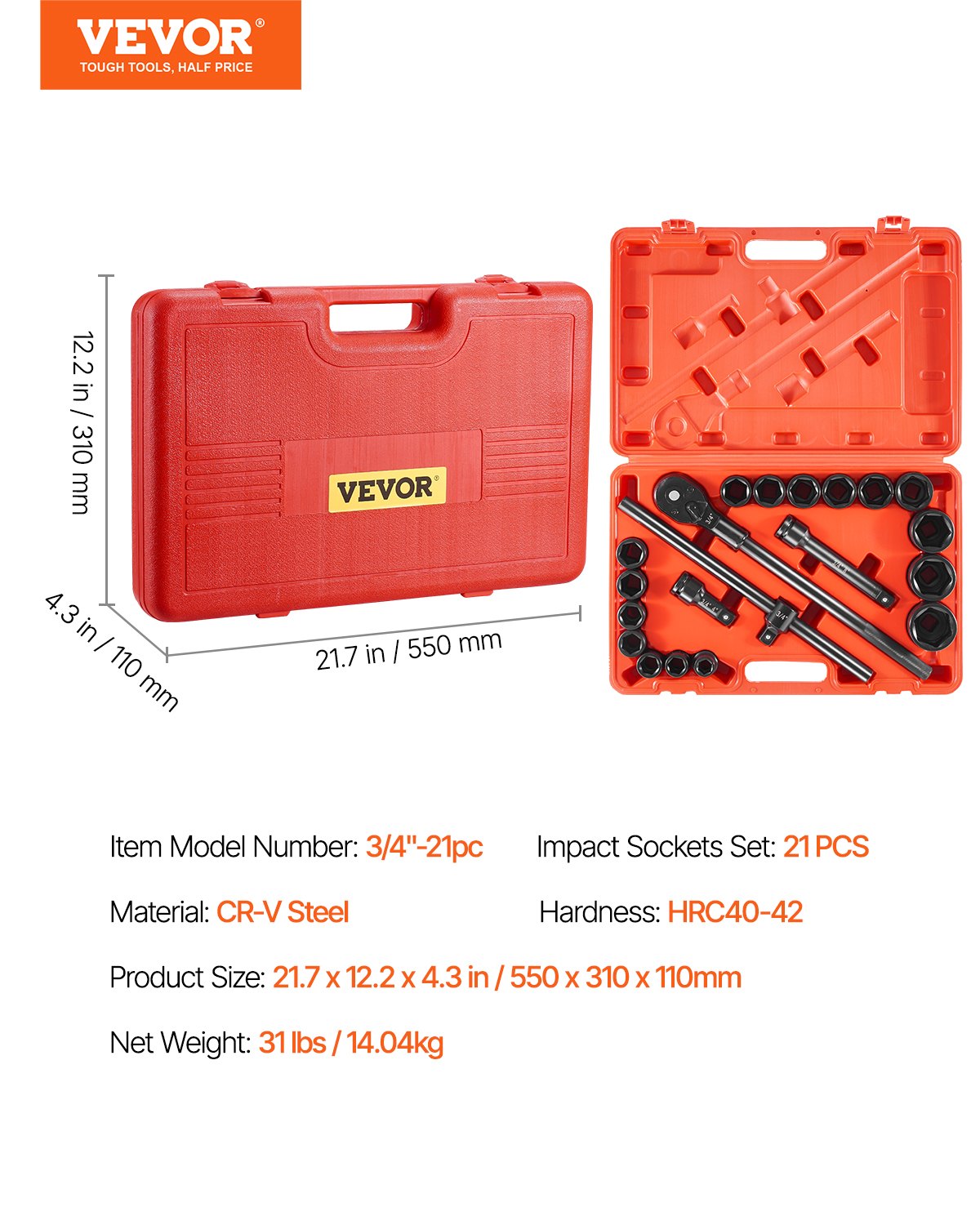 3/4 in Drive Impact Socket Set, 21 Pieces SAE 3/4 in to 2 in, 6 Point Cr-V Alloy Steel for Auto Repair, Easy-to-Read Size Markings, Includes Extension Bars, Ratchet Handle and Storage Case - Image 7