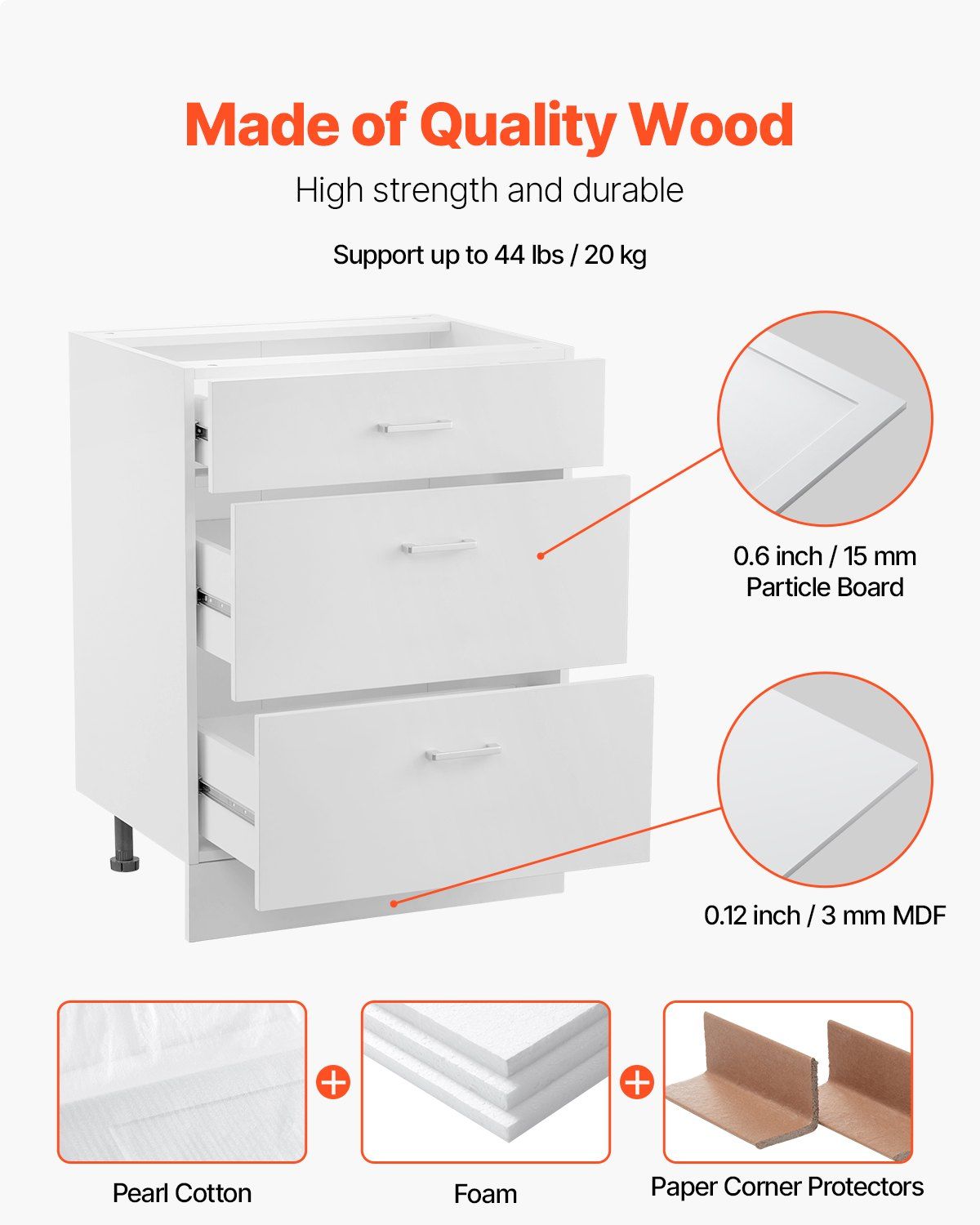 White Shaker Base Cabinet with 3 Drawers, 60 cm Unassembled Drawer Base Cabinet, 60 W x 48 D x 82 H Ready to Assemble Cabinet with Soft-Close Drawer Slides, for Home Office - Image 2