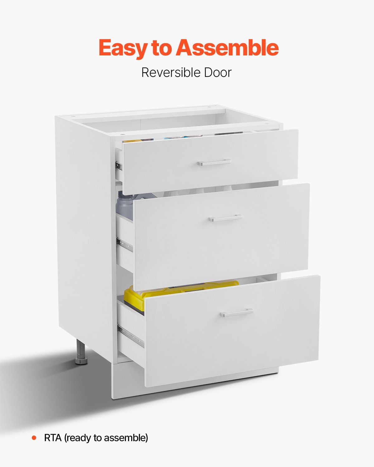 White Shaker Base Cabinet with 3 Drawers, 60 cm Unassembled Drawer Base Cabinet, 60 W x 48 D x 82 H Ready to Assemble Cabinet with Soft-Close Drawer Slides, for Home Office - Image 6