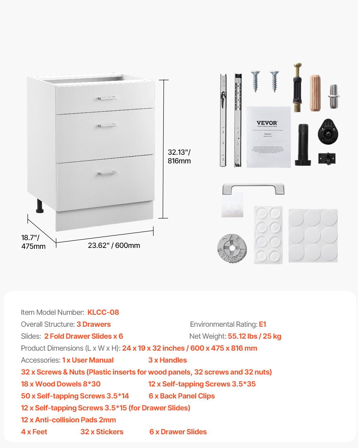 White Shaker Base Cabinet with 3 Drawers, 60 cm Unassembled Drawer Base Cabinet, 60 W x 48 D x 82 H Ready to Assemble Cabinet with Soft-Close Drawer Slides, for Home Office - Image 7