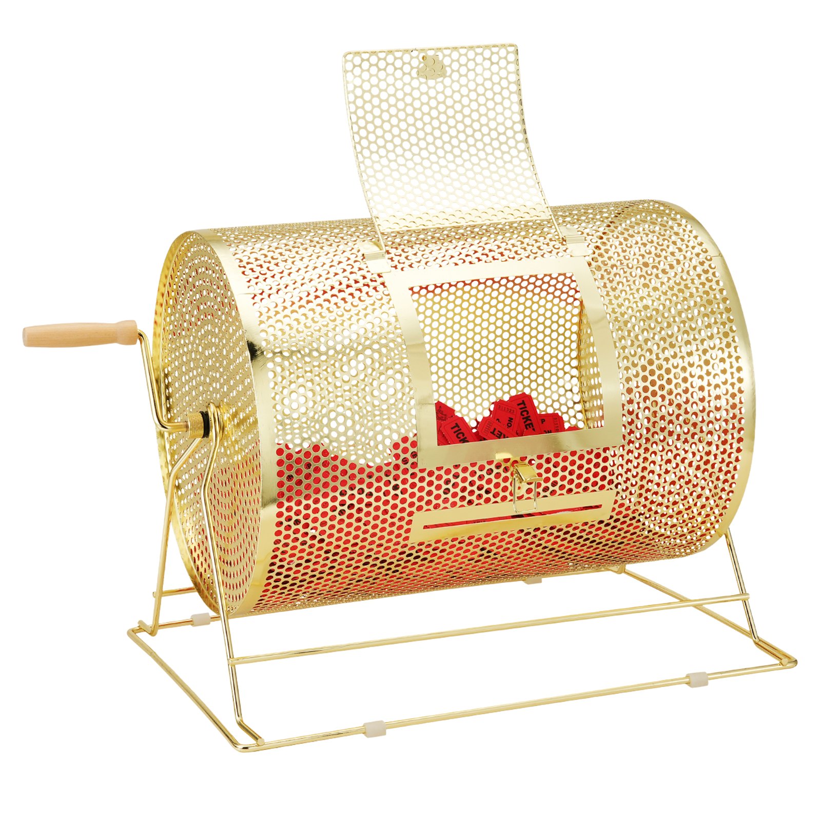 Raffle Drum, 16.1 x Ø12 inch Brass Plated Raffle Ticket Spinning Cage, Holds 5000 Tickets or 200 Ping Pong Balls, Metal Lottery Spinning Drawing with Wooden Turning Handle, for Bingo Ballot Part - Image 1