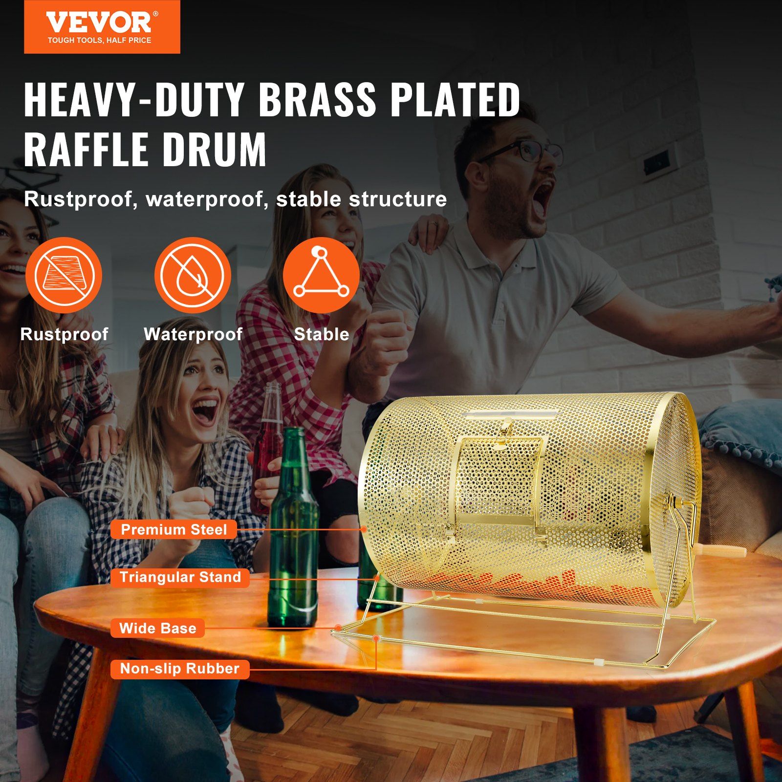 Raffle Drum, 14.8 x Ø21.26 inch Brass Plated Raffle Ticket Spinning Cage, Holds 10000 Tickets or 300 Ping Pong Balls, Metal Lottery Spinning Drawing with Wooden Turning Handle, for Bingo Ballot - Image 2