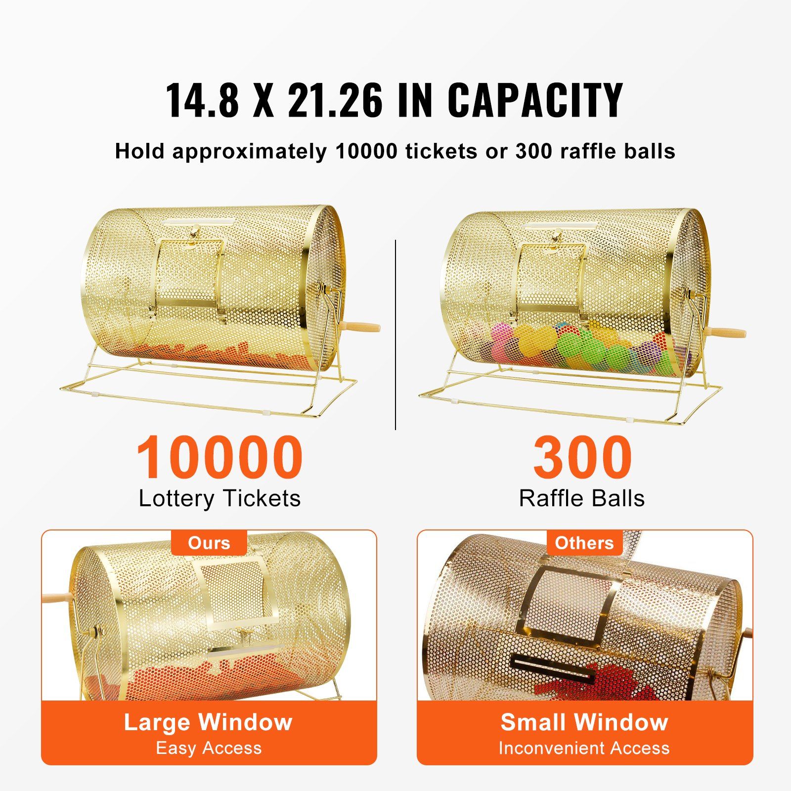 Raffle Drum, 14.8 x Ø21.26 inch Brass Plated Raffle Ticket Spinning Cage, Holds 10000 Tickets or 300 Ping Pong Balls, Metal Lottery Spinning Drawing with Wooden Turning Handle, for Bingo Ballot - Image 3
