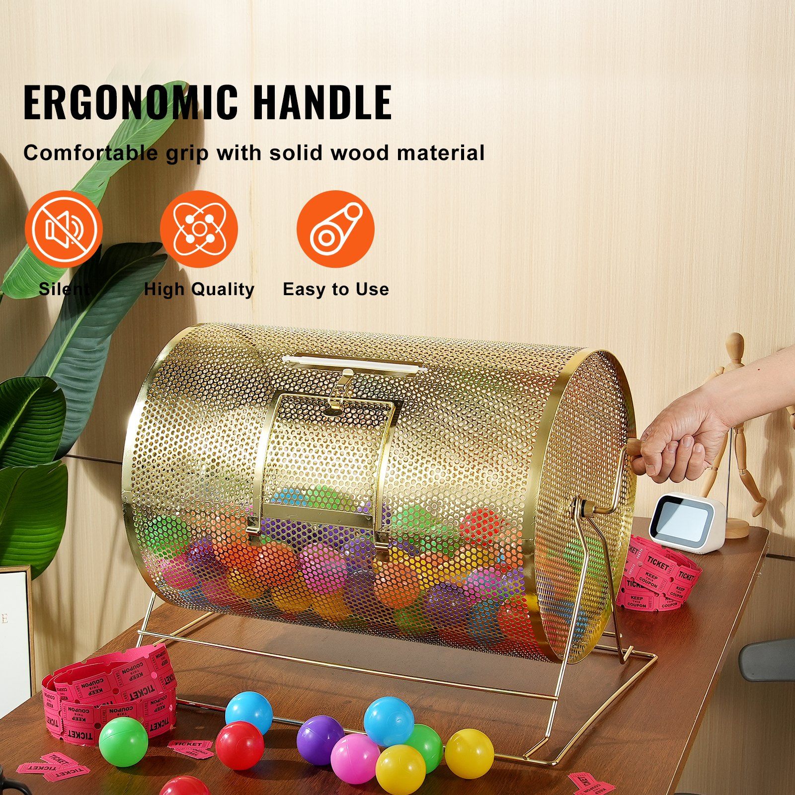 Raffle Drum, 14.8 x Ø21.26 inch Brass Plated Raffle Ticket Spinning Cage, Holds 10000 Tickets or 300 Ping Pong Balls, Metal Lottery Spinning Drawing with Wooden Turning Handle, for Bingo Ballot - Image 5