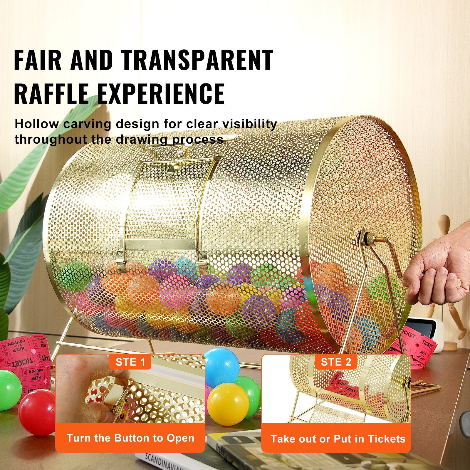 Raffle Drum, 14.8 x Ø21.26 inch Brass Plated Raffle Ticket Spinning Cage, Holds 10000 Tickets or 300 Ping Pong Balls, Metal Lottery Spinning Drawing with Wooden Turning Handle, for Bingo Ballot - Image 6